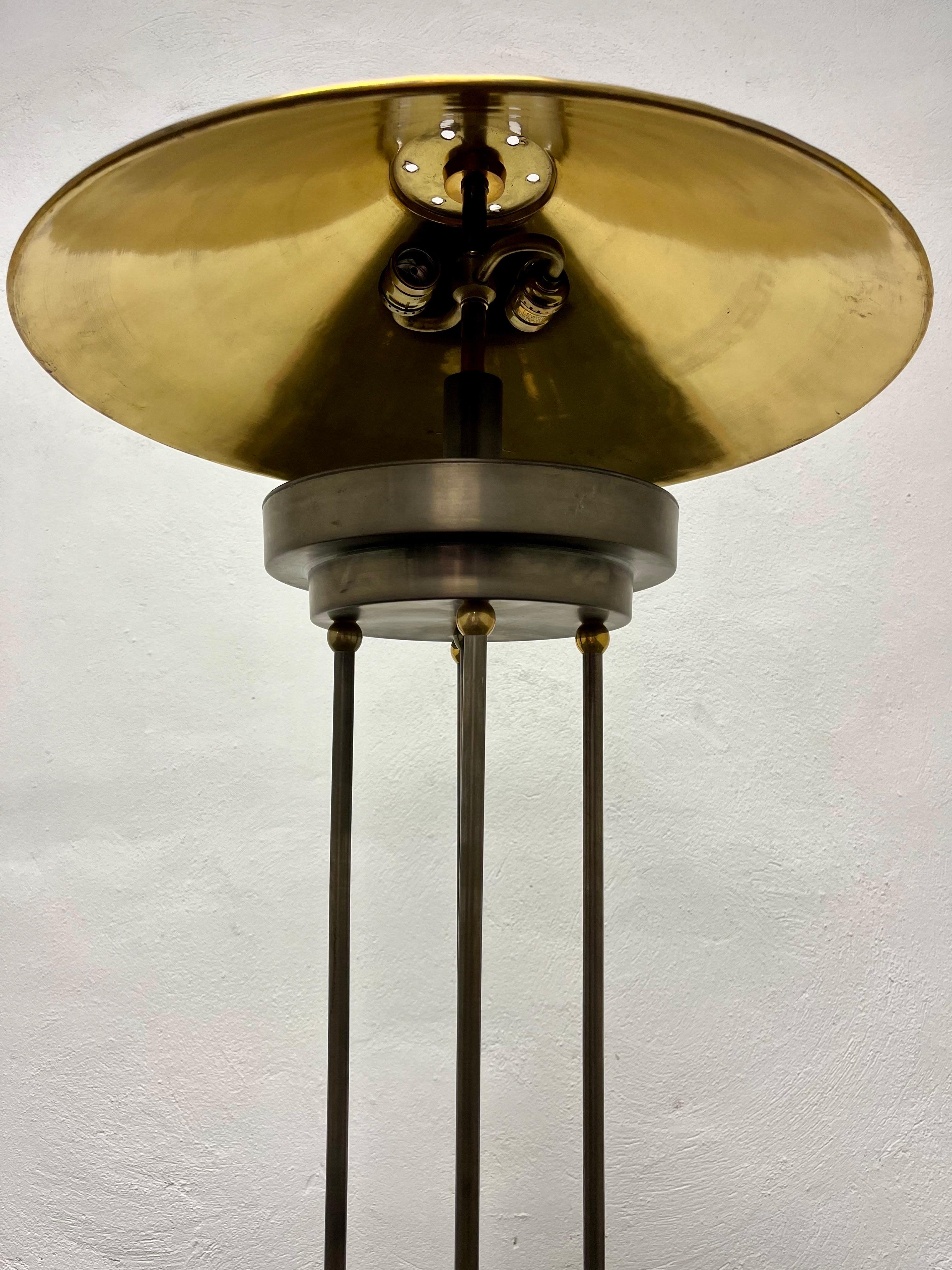 Vintage Postmodern Brushed Steel and Brass Column Floor Lamp Metal Shade In Good Condition For Sale In W Allenhurst, NJ