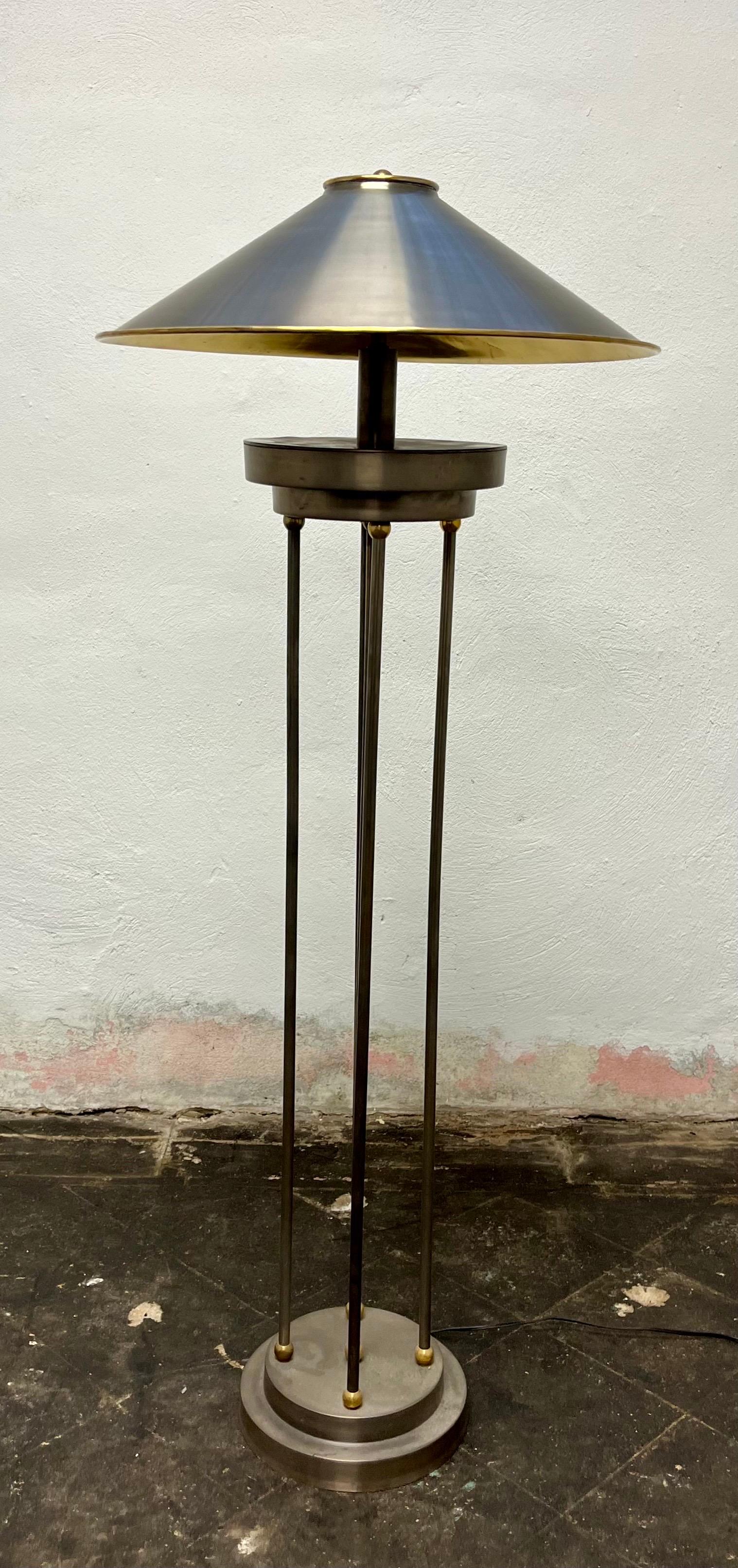 20th Century Vintage Postmodern Brushed Steel and Brass Column Floor Lamp Metal Shade For Sale