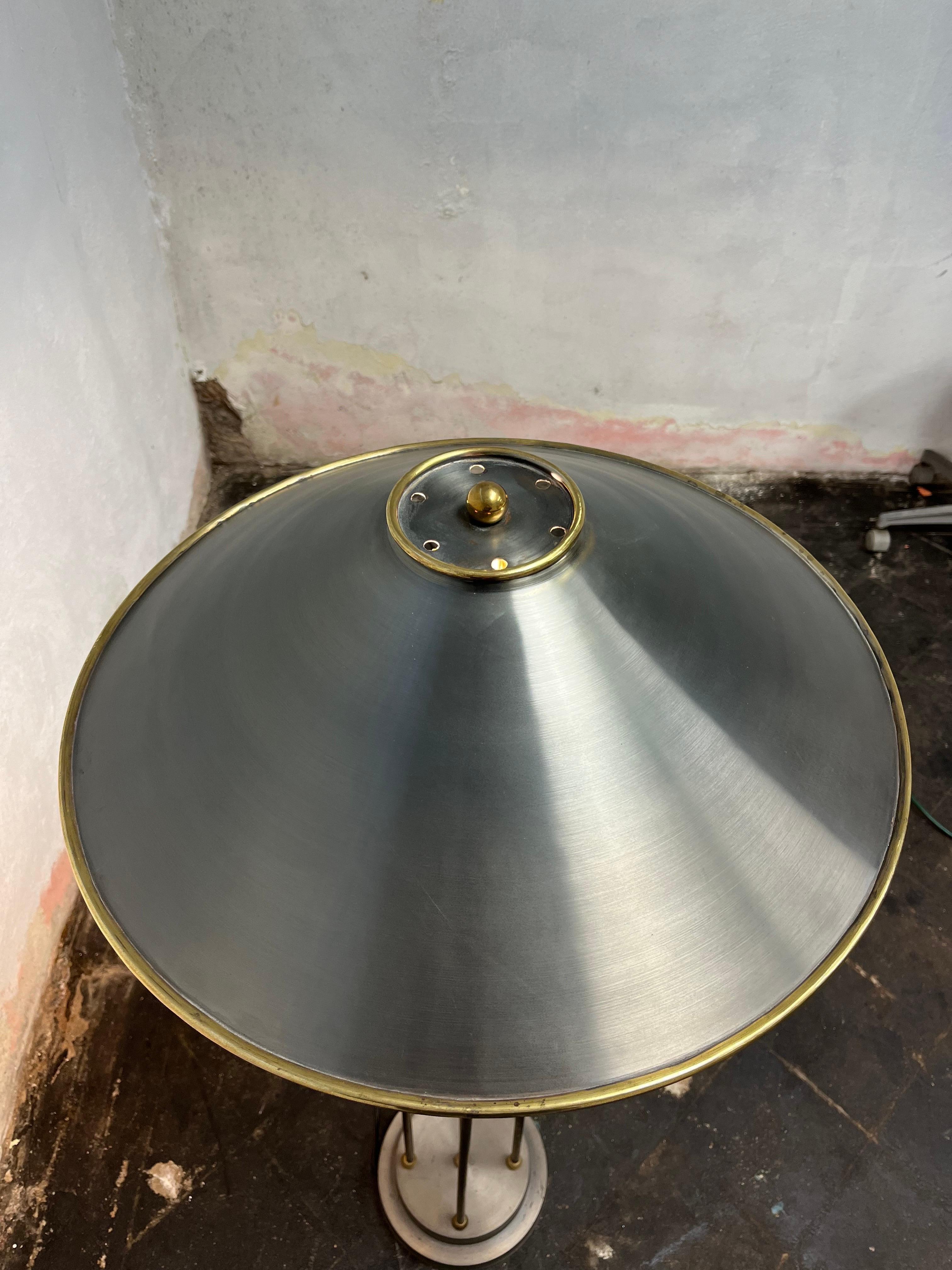 Vintage Postmodern Brushed Steel and Brass Column Floor Lamp Metal Shade For Sale 2
