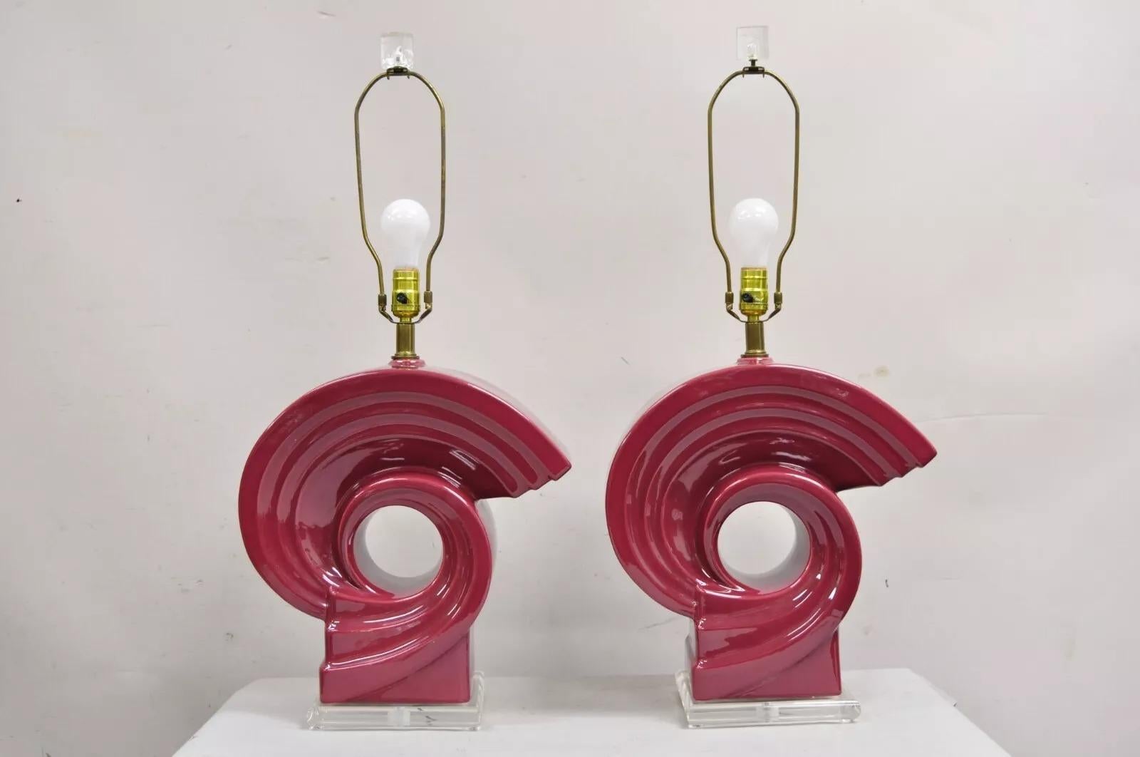 Vintage Postmodern Cranberry Red Sculptural Snail Scroll Ceramic Table Lamp Pair For Sale 5
