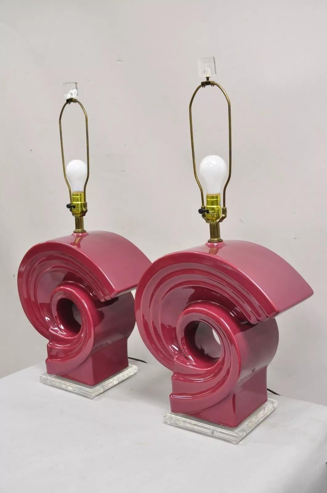 Vintage Postmodern Cranberry Red Sculptural Snail Scroll Ceramic Table Lamp Pair For Sale 6