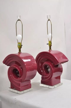 Vintage Postmodern Cranberry Red Sculptural Snail Scroll Ceramic Table Lamp Pair
