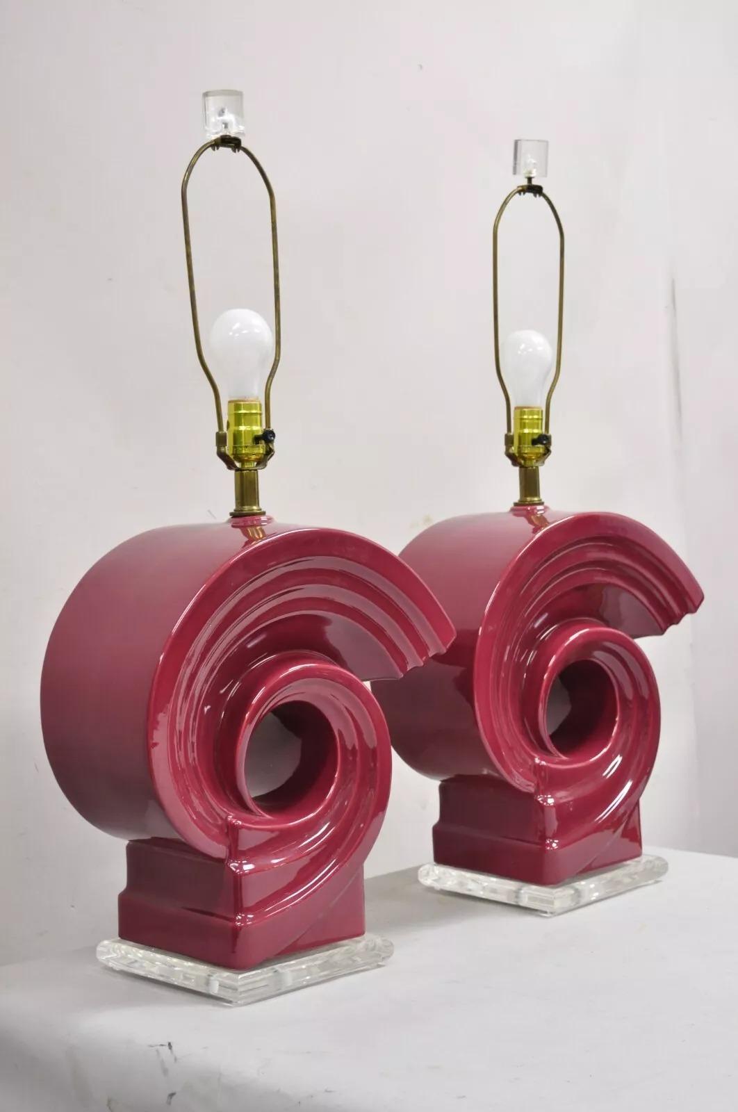 Unknown Vintage Postmodern Cranberry Red Sculptural Snail Scroll Ceramic Table Lamp Pair For Sale