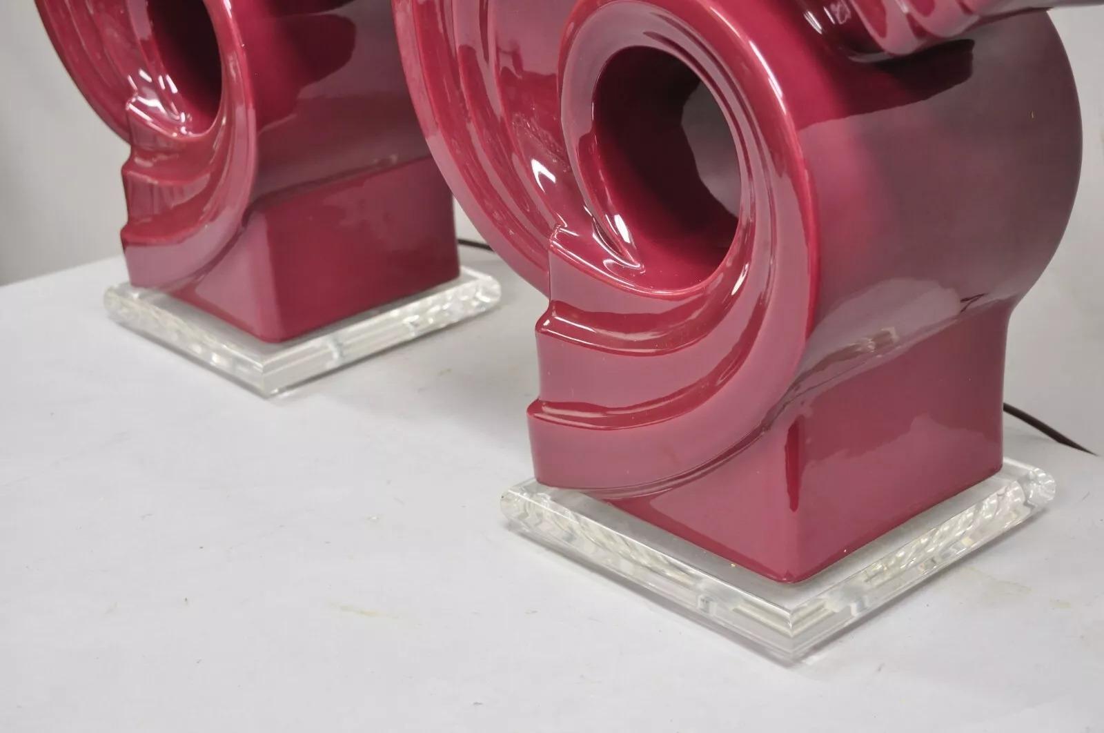 Vintage Postmodern Cranberry Red Sculptural Snail Scroll Ceramic Table Lamp Pair For Sale 3