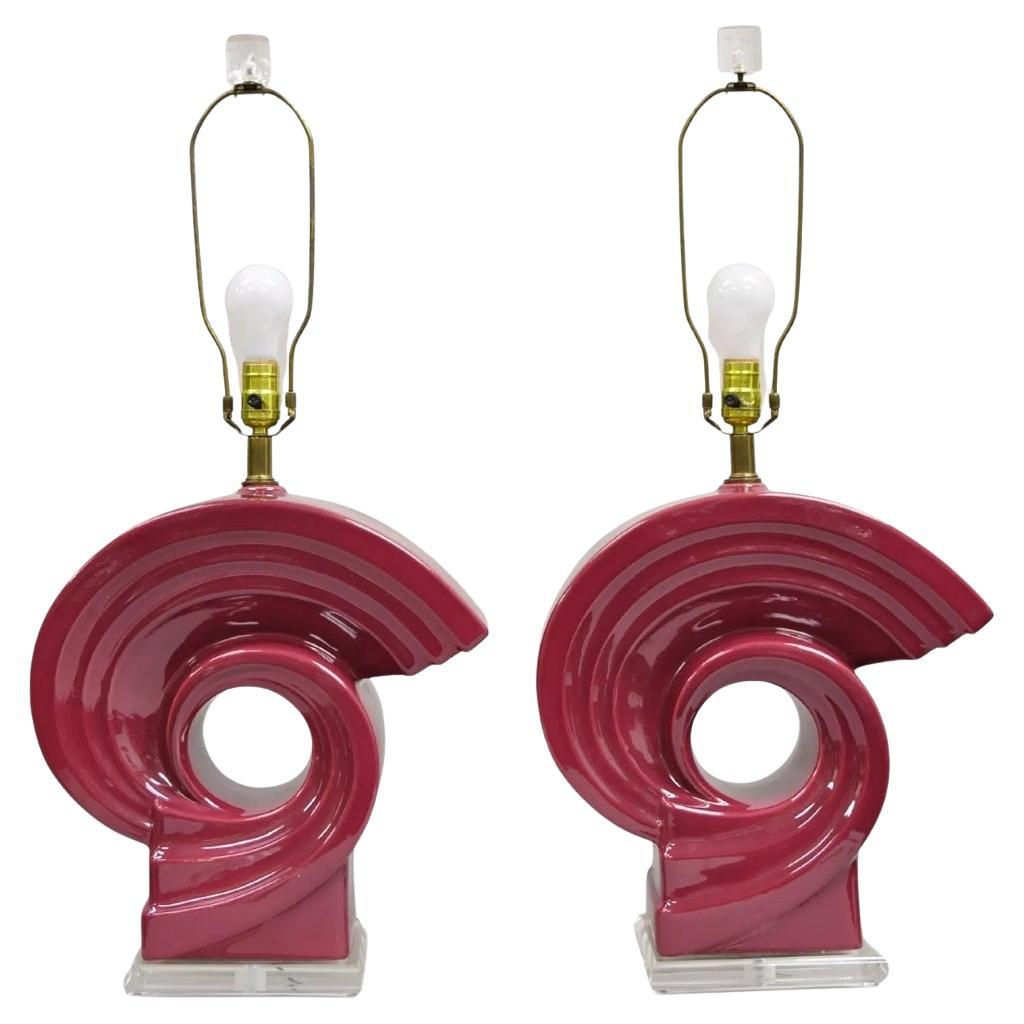 Vintage Postmodern Cranberry Red Sculptural Snail Scroll Ceramic Table Lamp Pair