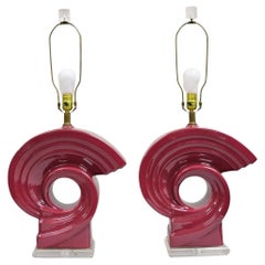Vintage Postmodern Cranberry Red Sculptural Snail Scroll Ceramic Table Lamp Pair
