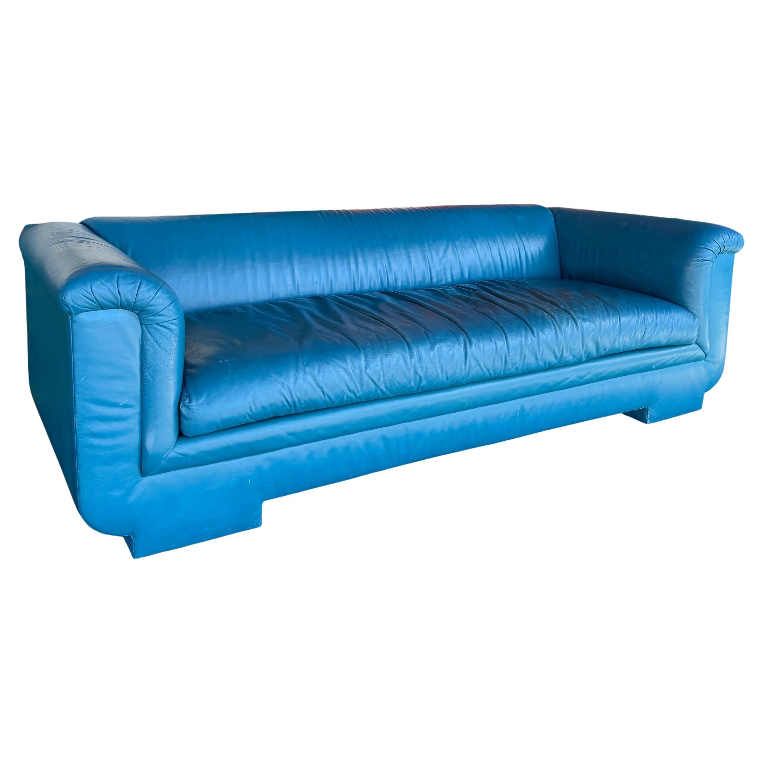 Vintage Postmodern Curved Side Blue Leather Sofa