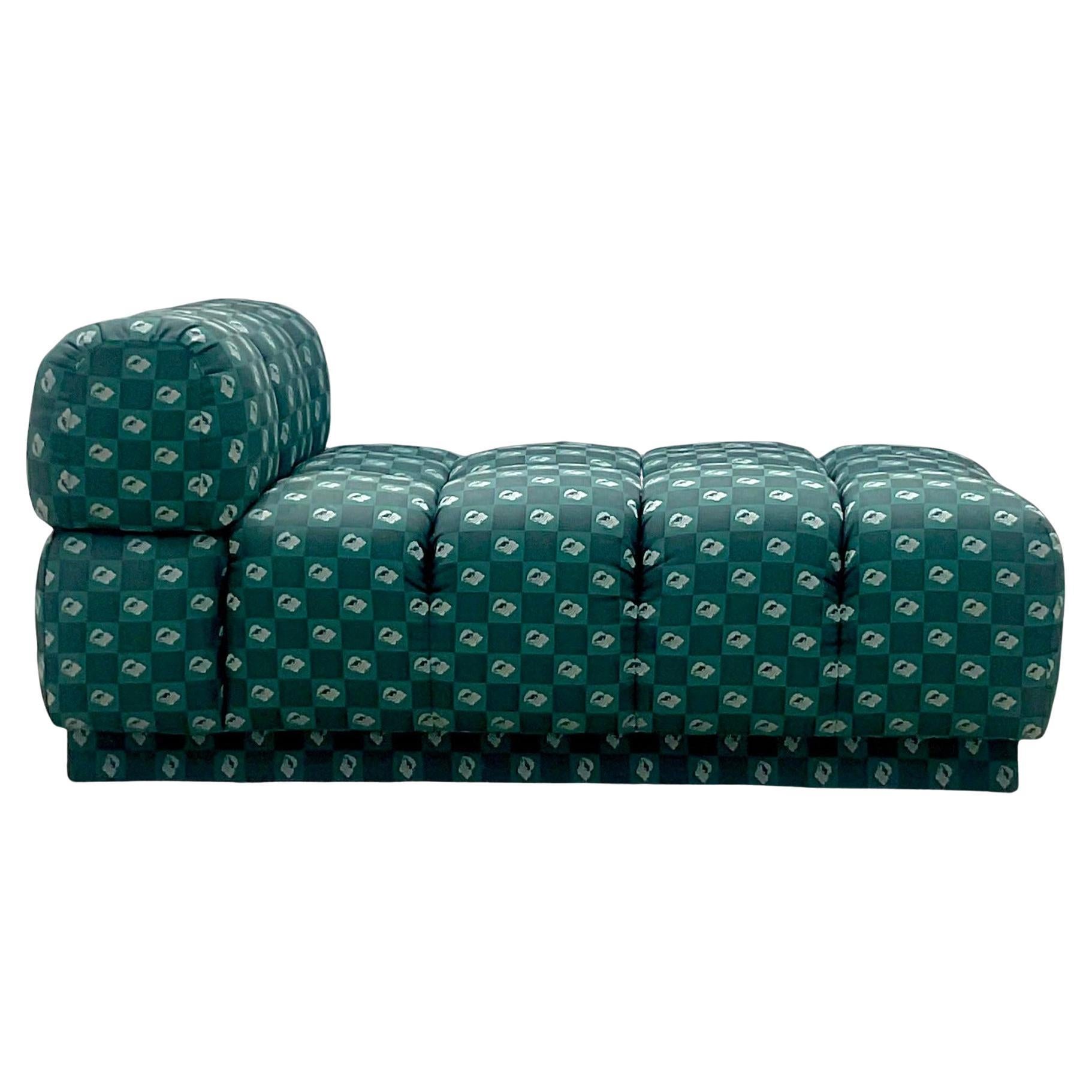 Upholstered round chaise lounge with custom fabric by Laskasas For Sale