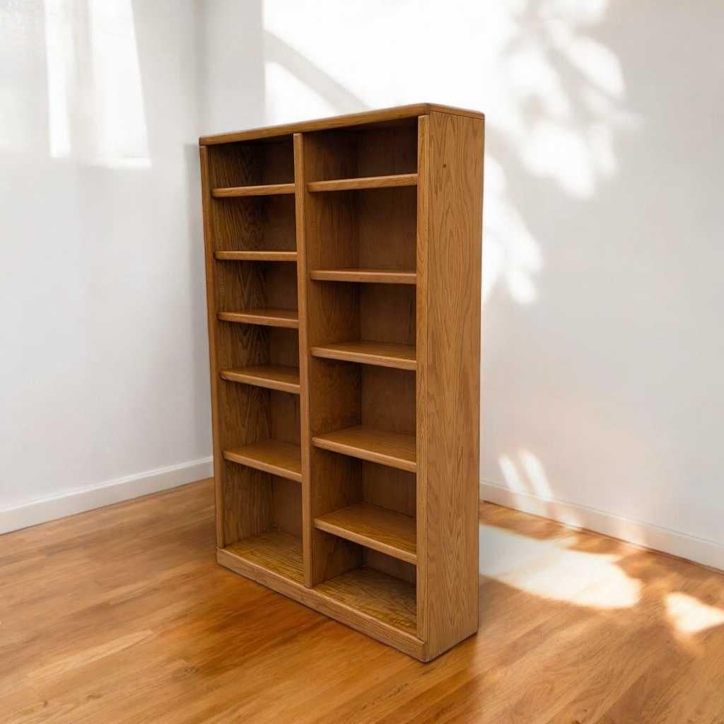 Une bibliothèque vintage distinctive, fabriquée en chêne massif et présentant des lignes épurées, un grain de bois naturel et une forme haute à double colonne. Cette pièce allie un design intemporel à une fabrication de qualité. Elle est idéale pour