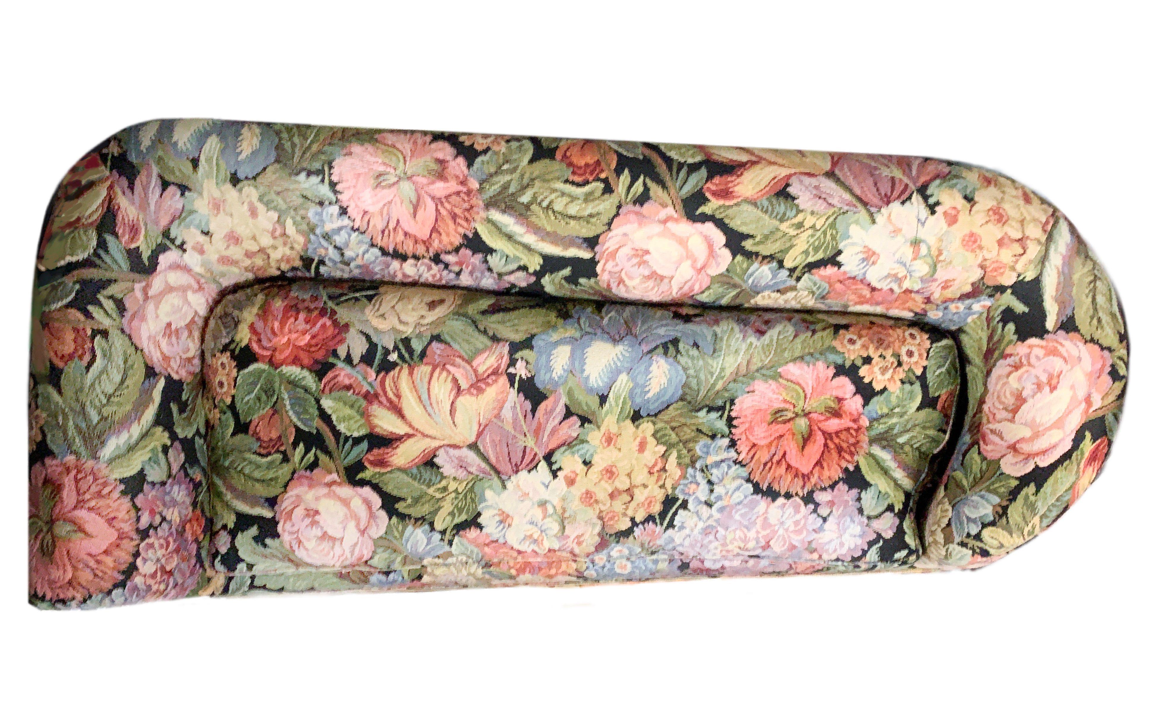 Vintage Postmodern floral tapestry Recamier loveseat sofa, colorful Scalamandre fringe. Well-made custom piece. Scale of print is genius and lends this piece a fresh Postmodern whimsy to its neoclassical French form.  Seat pan depth spans 27