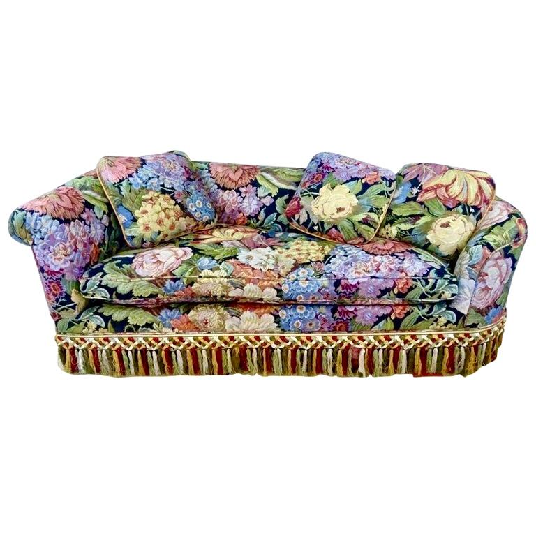 Vintage Postmodern Floral Tapestry Recamier Loveseat Sofa, Scalamandre Fringe