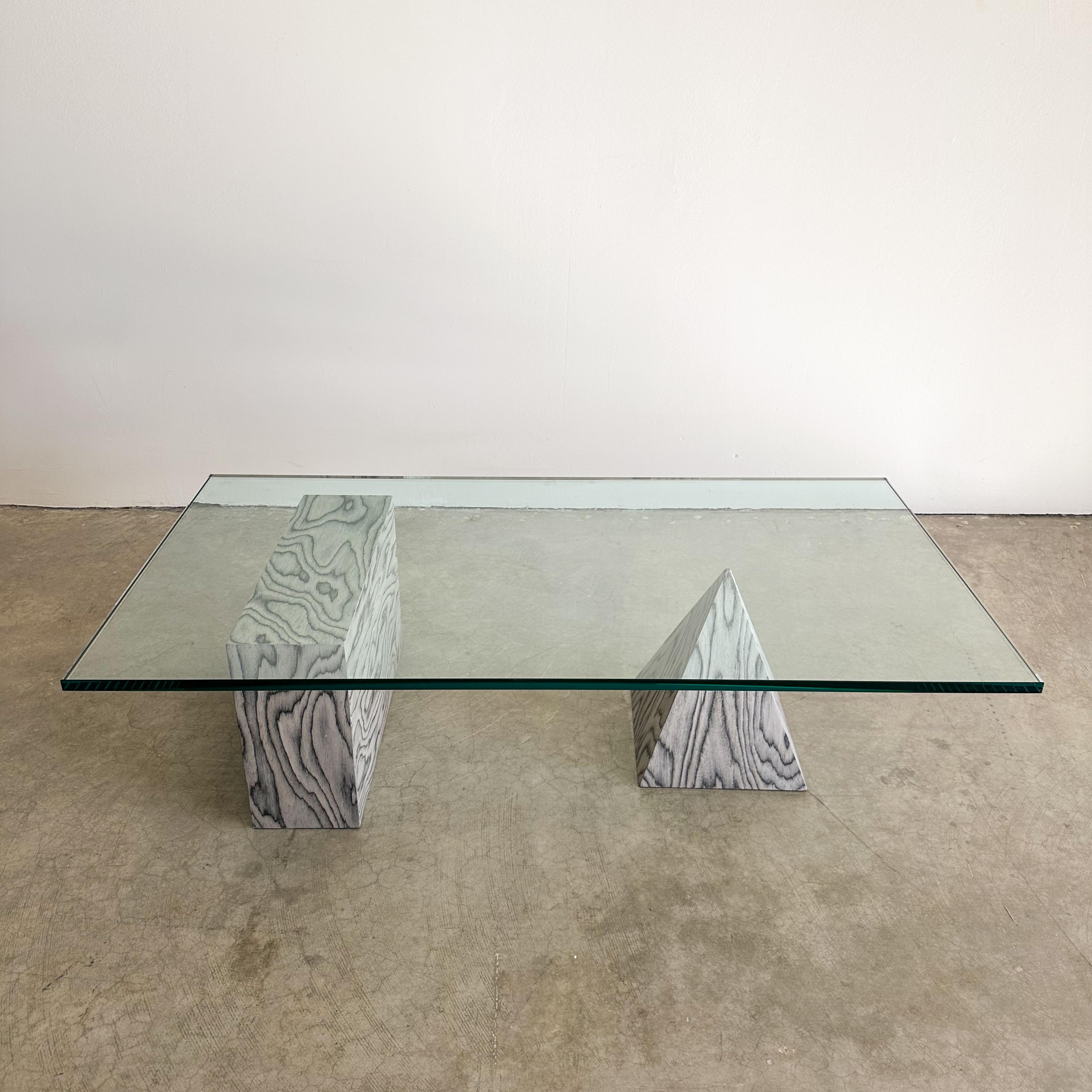 Unknown Vintage Postmodern Geometric And Glass Coffee Table Ettore Sottsass Veneer 80s For Sale