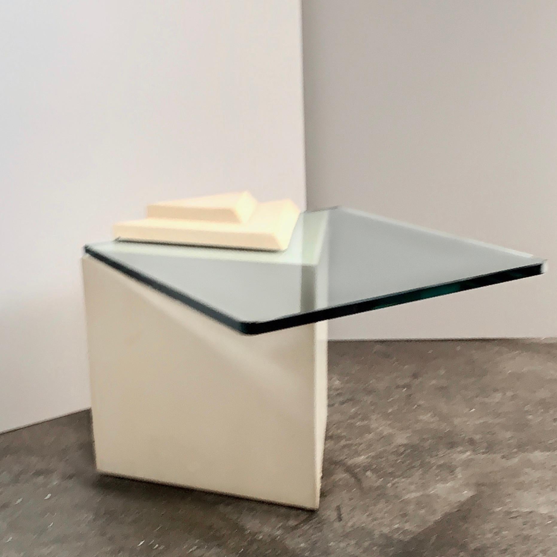 Vintage Postmodern geometric layered triangular side table, glass top, ivory.