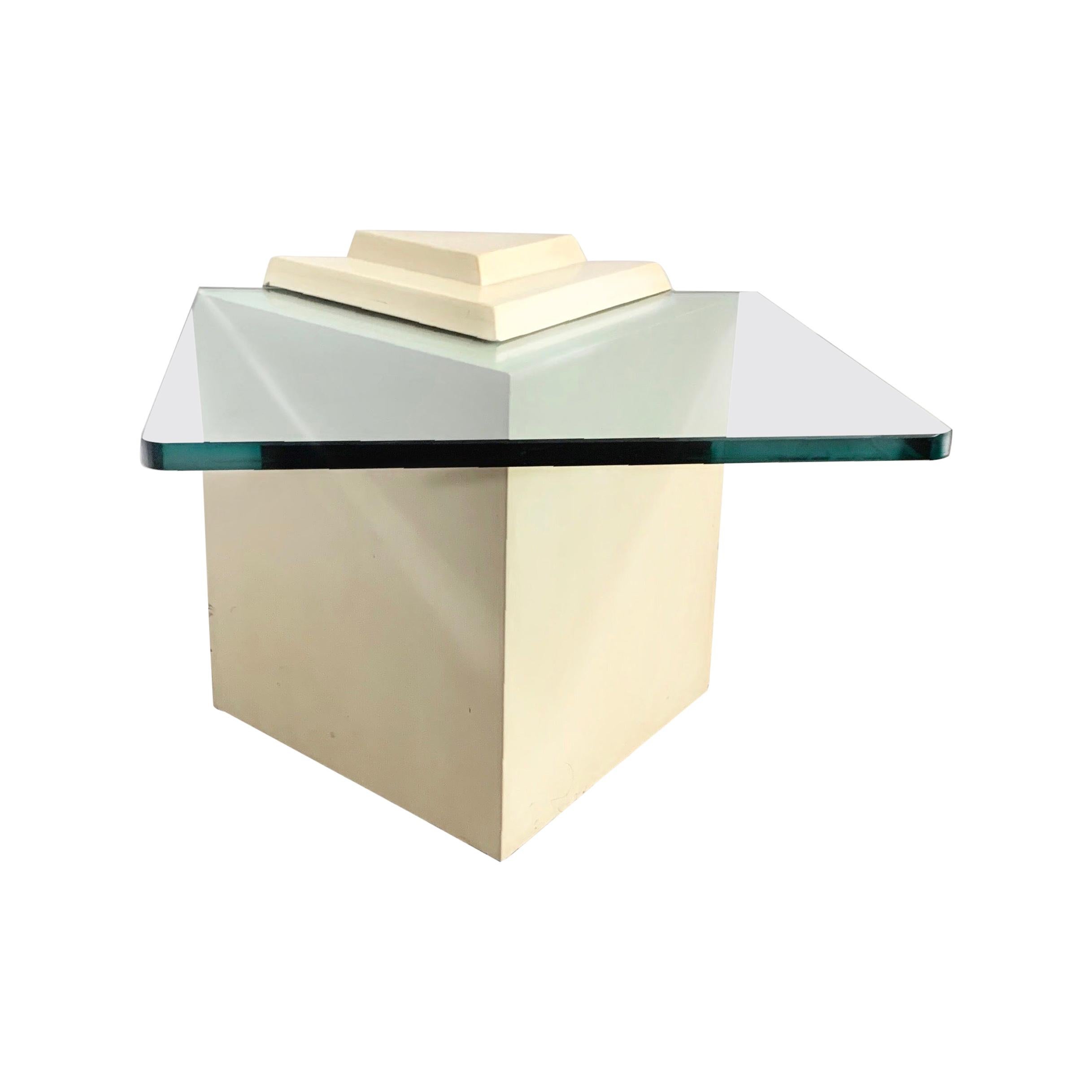 Vintage Postmodern Geometric Layered Triangular Side Table, Glass Top, Ivory