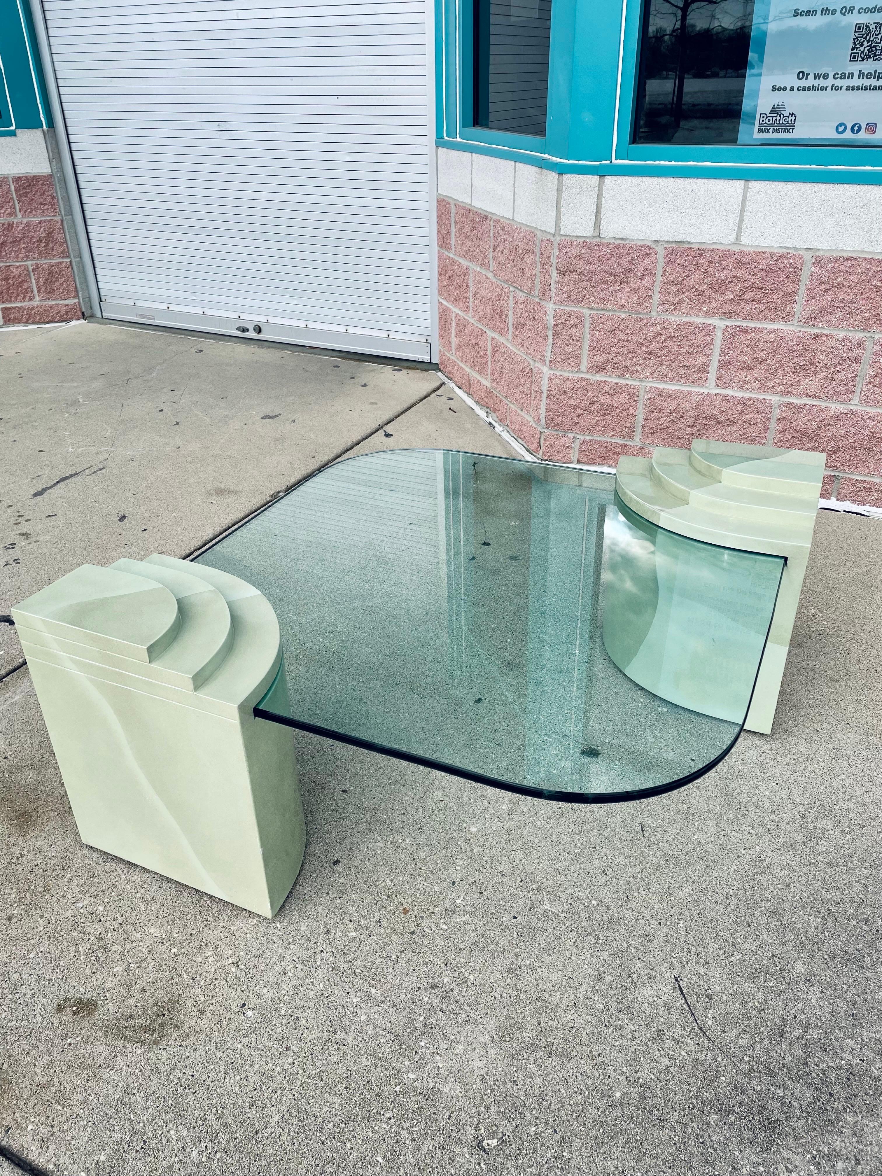 Vintage Postmodern Glass Tiered Base Ombre Green Coffee Table In Good Condition In Bartlett, IL