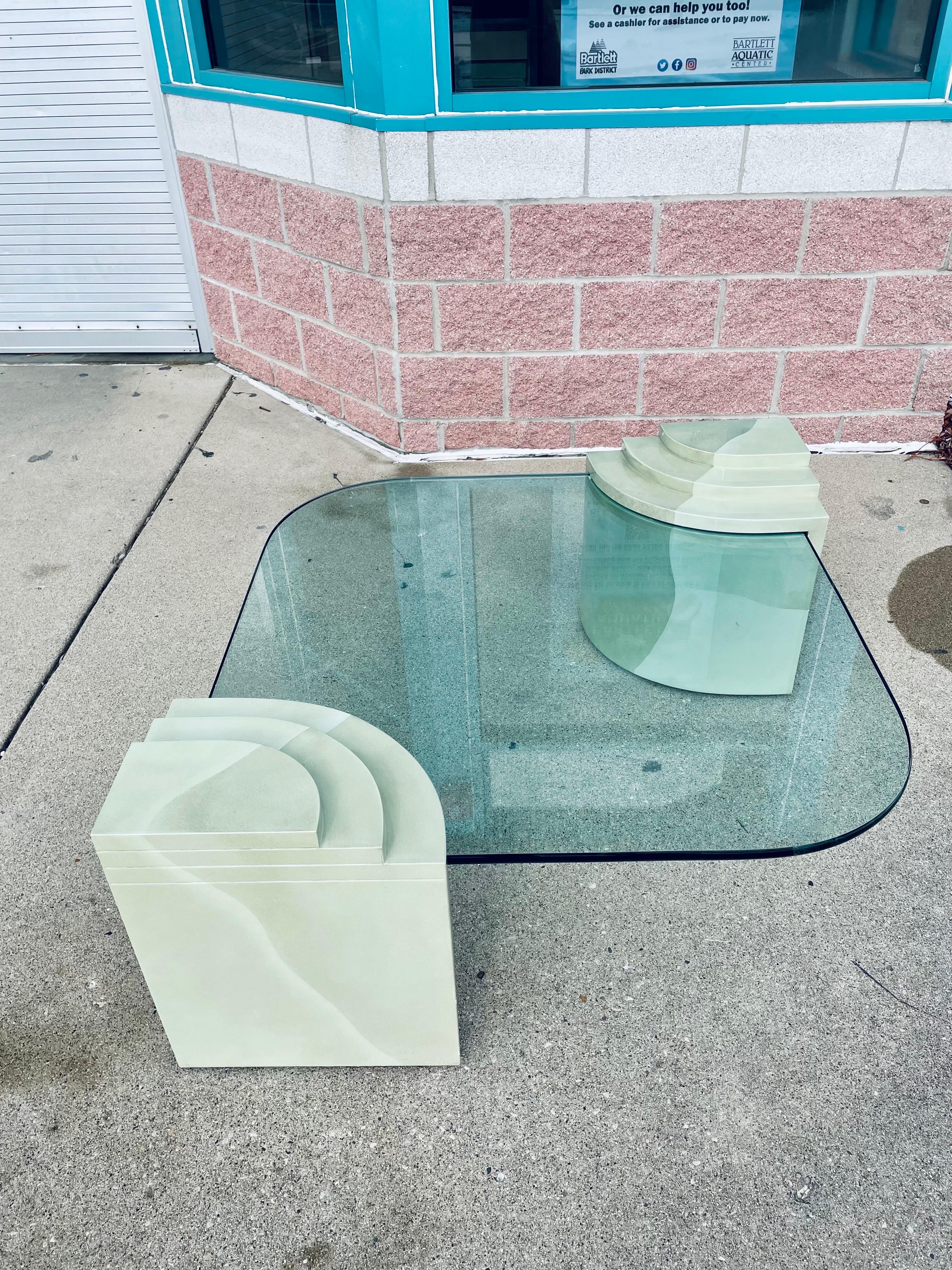 Late 20th Century Vintage Postmodern Glass Tiered Base Ombre Green Coffee Table