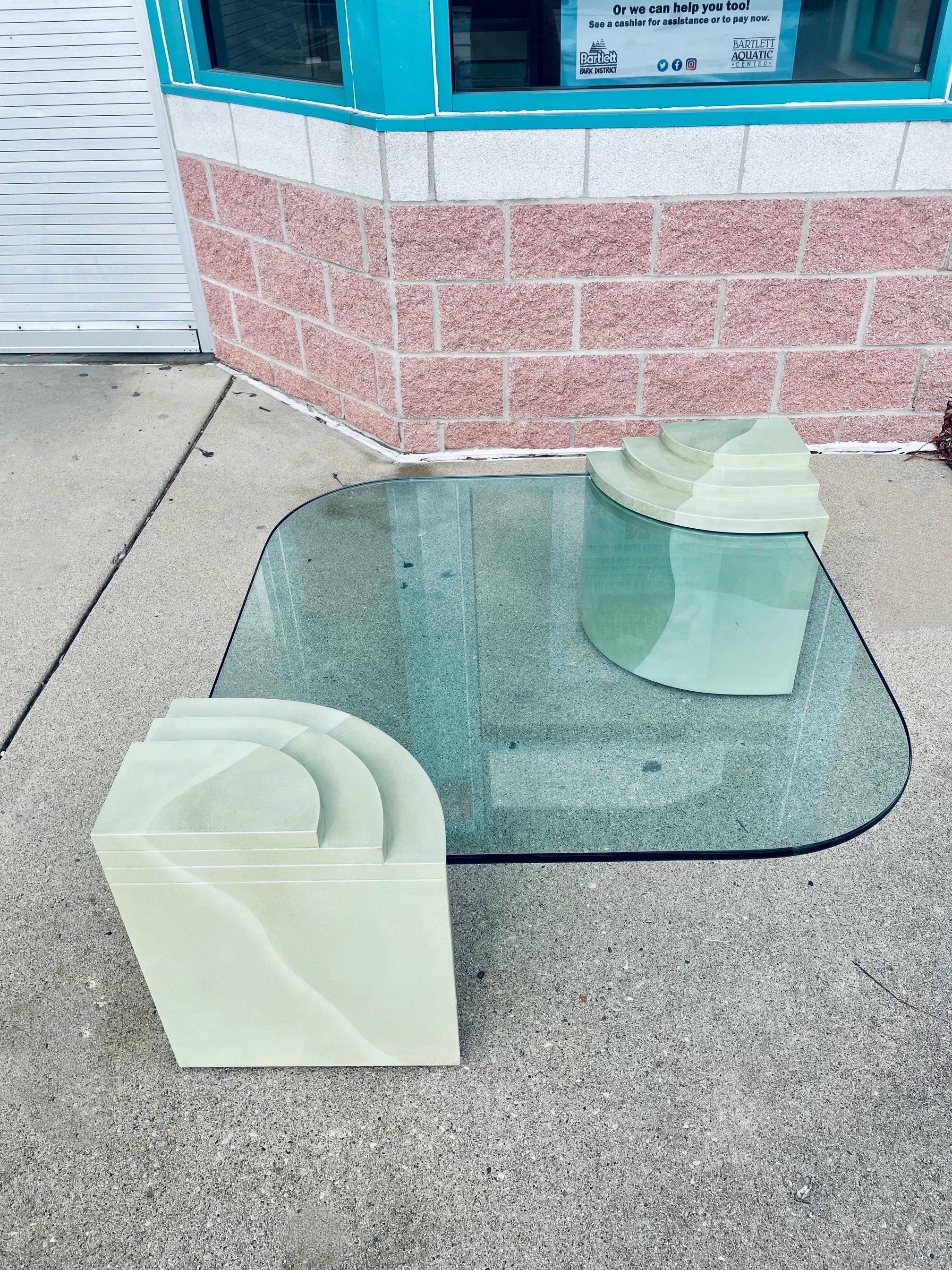 Vintage Postmodern Glass Tiered Base Ombre Green Coffee Table 2