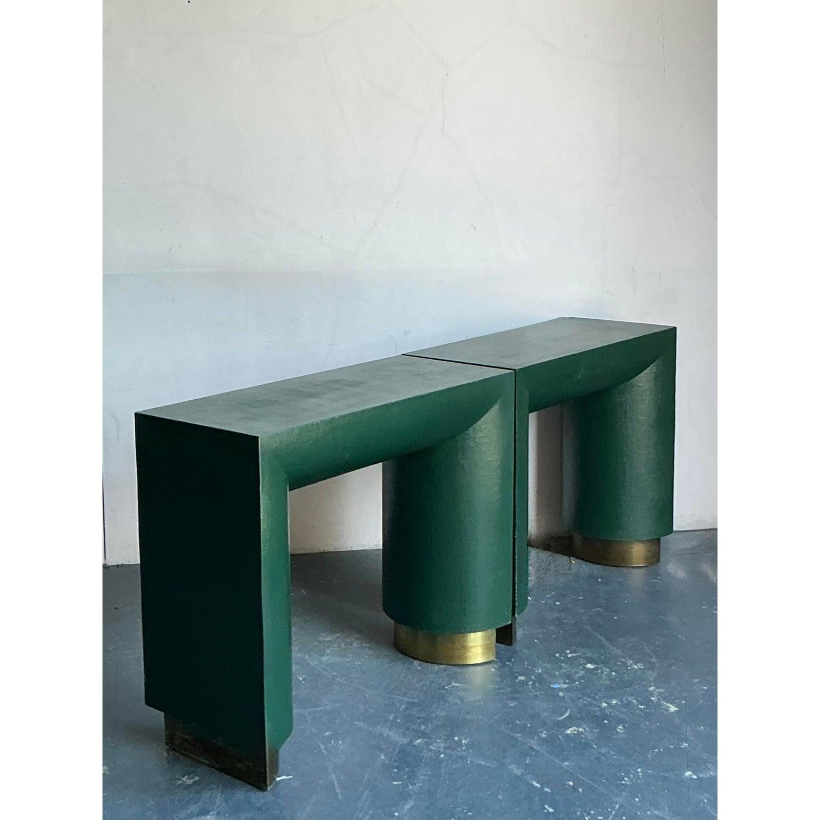 Vintage Postmodern Grasscloth Console Sets - A Pair In Good Condition For Sale In West Palm Beach, FL