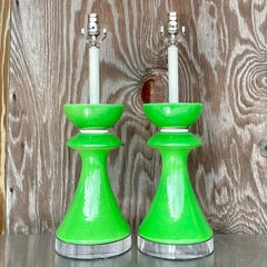 Vintage Postmodern Green Glazed Ceramic Table Lamps, Pair