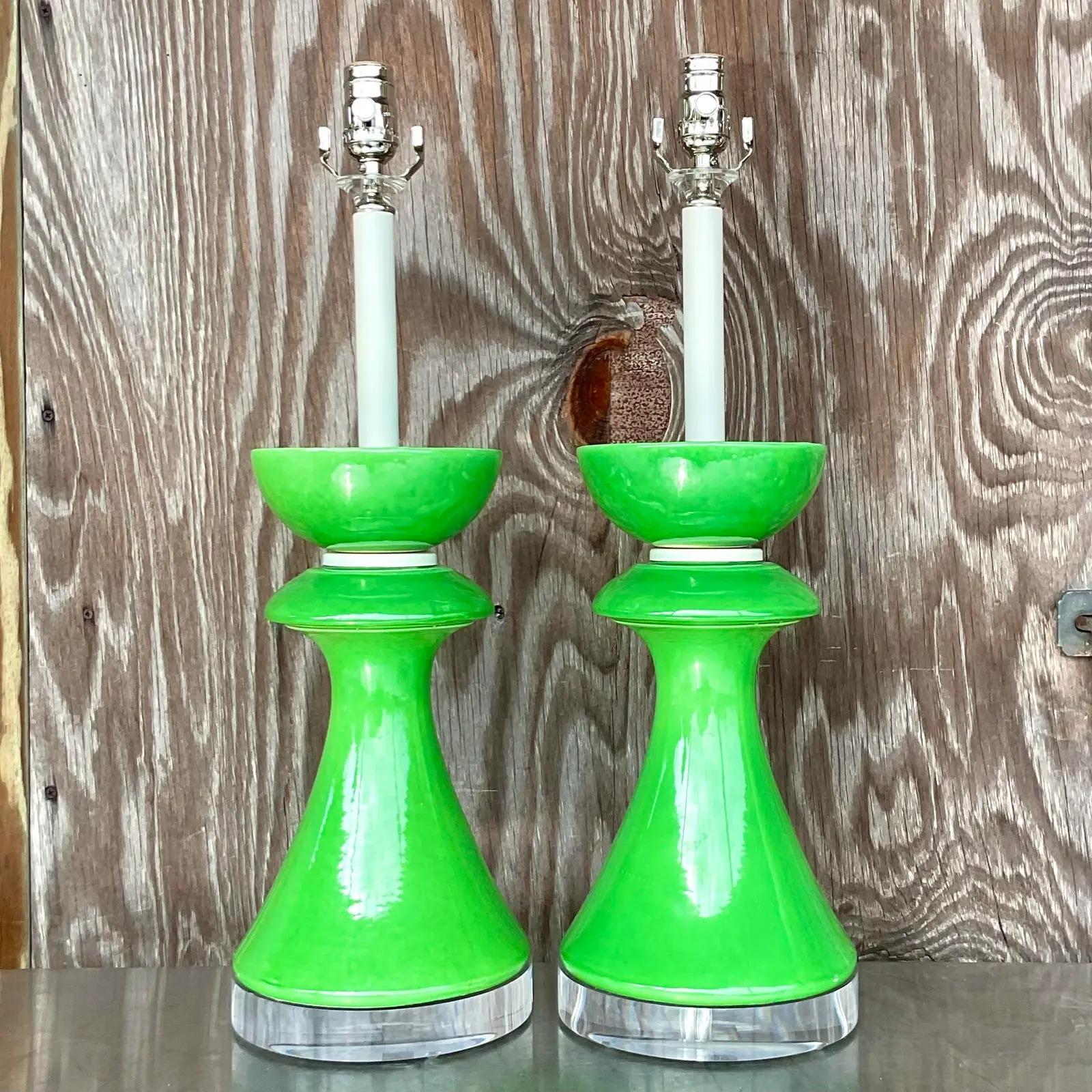 Post-Modern Vintage Postmodern Green Glazed Ceramic Table Lamps, Pair
