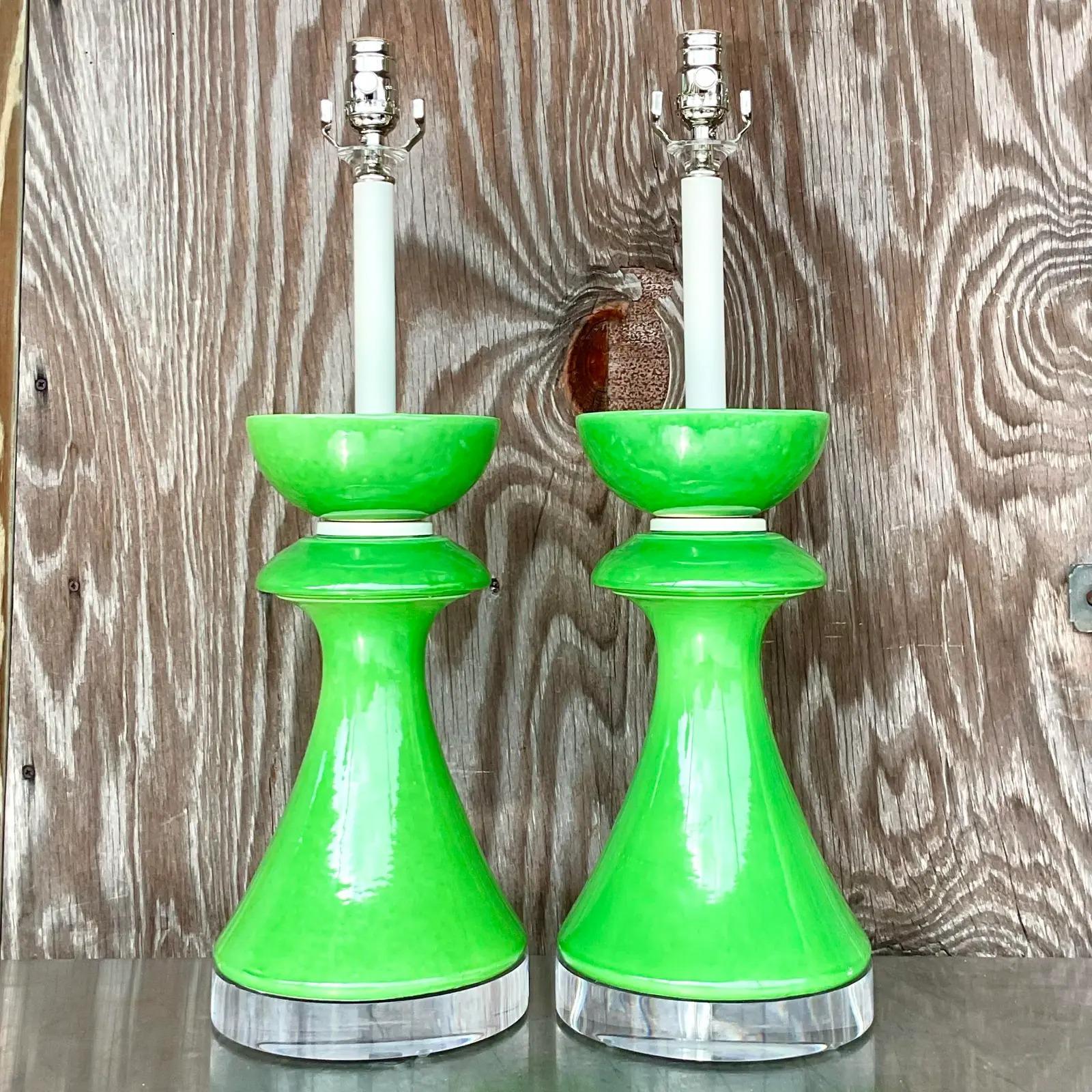North American Vintage Postmodern Green Glazed Ceramic Table Lamps, Pair