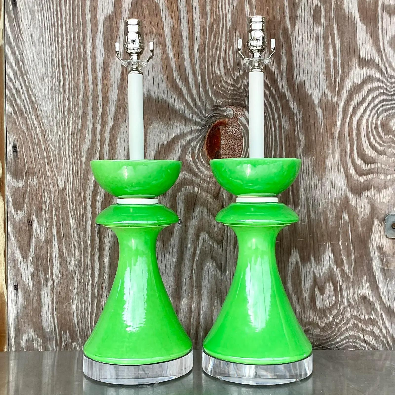 Vintage Postmodern Green Glazed Ceramic Table Lamps, Pair In Good Condition In west palm beach, FL