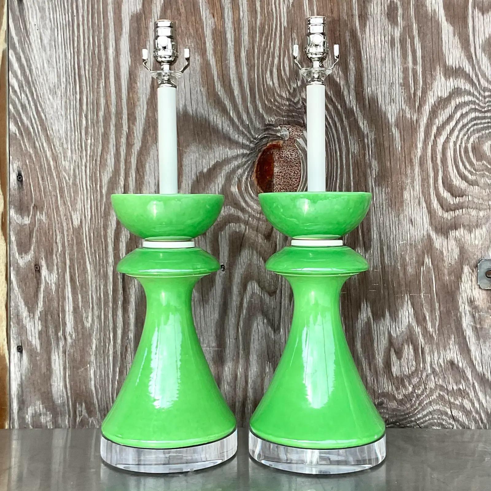 20th Century Vintage Postmodern Green Glazed Ceramic Table Lamps, Pair