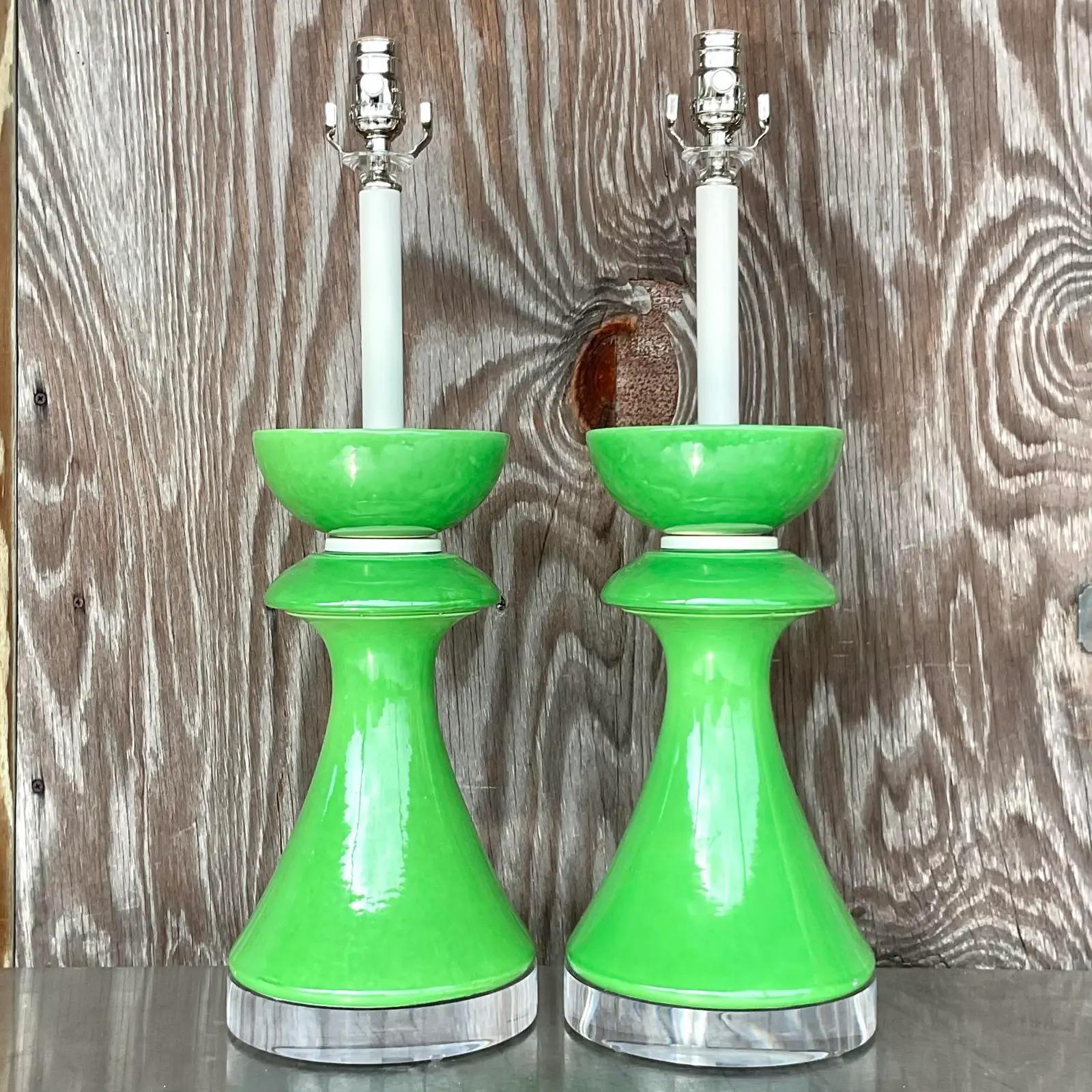 Vintage Postmodern Green Glazed Ceramic Table Lamps, Pair 1