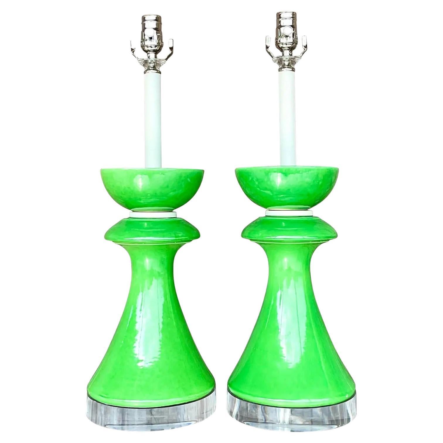 Vintage Postmodern Green Glazed Ceramic Table Lamps, Pair