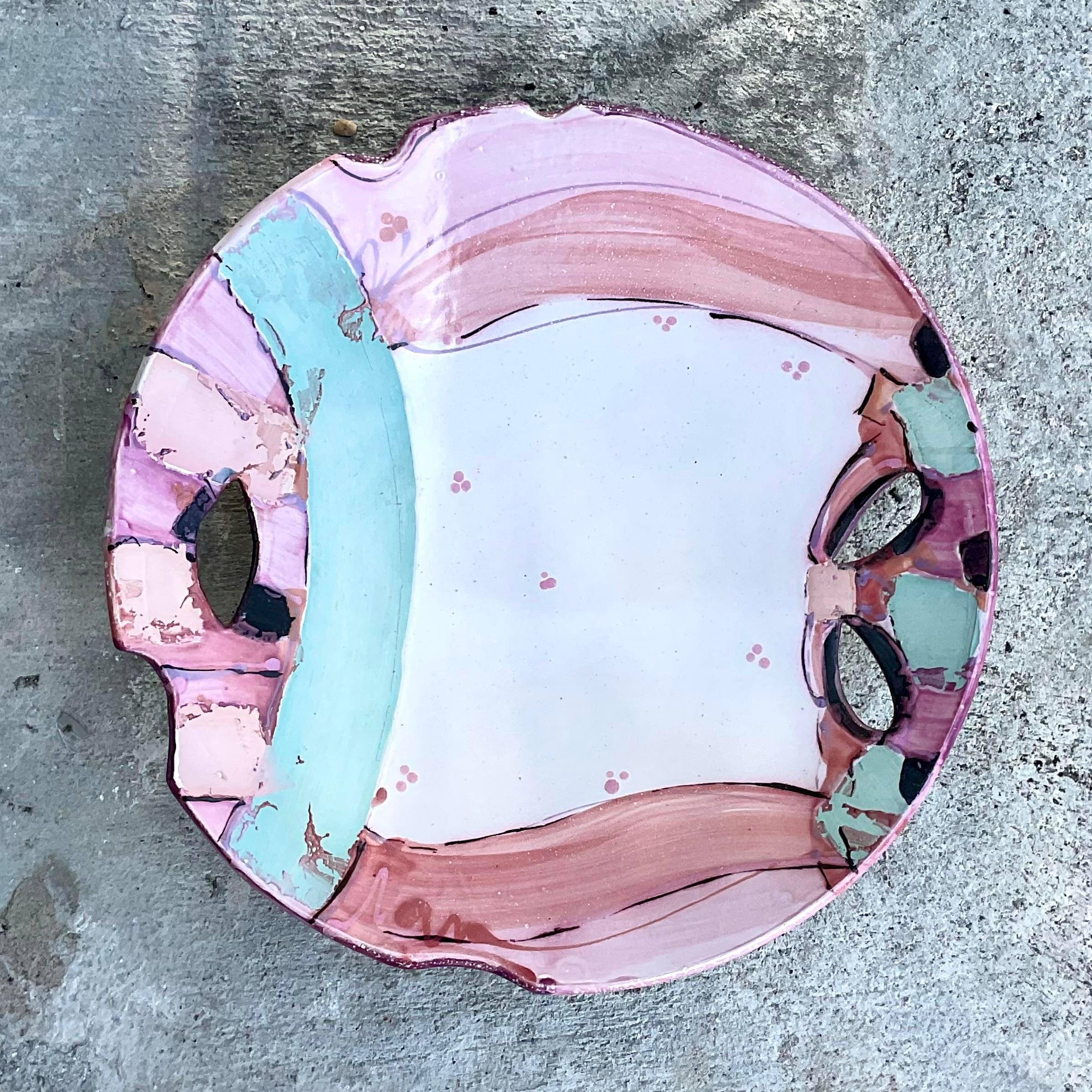 Vintage PostModern Hand Painted Ceramic Platter In Good Condition For Sale In west palm beach, FL