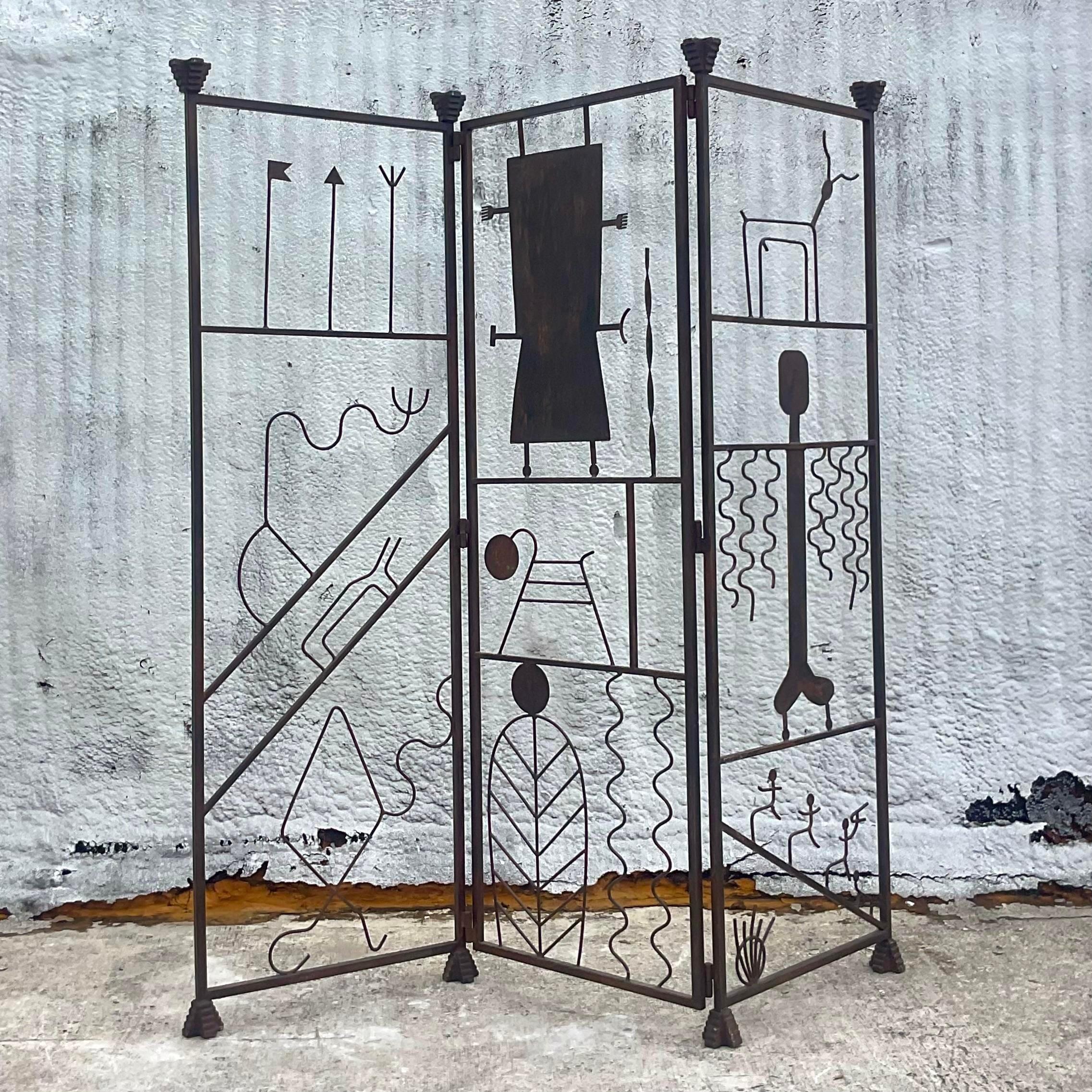 American Vintage Postmodern Hieroglyphic Wrought Iron Screen For Sale