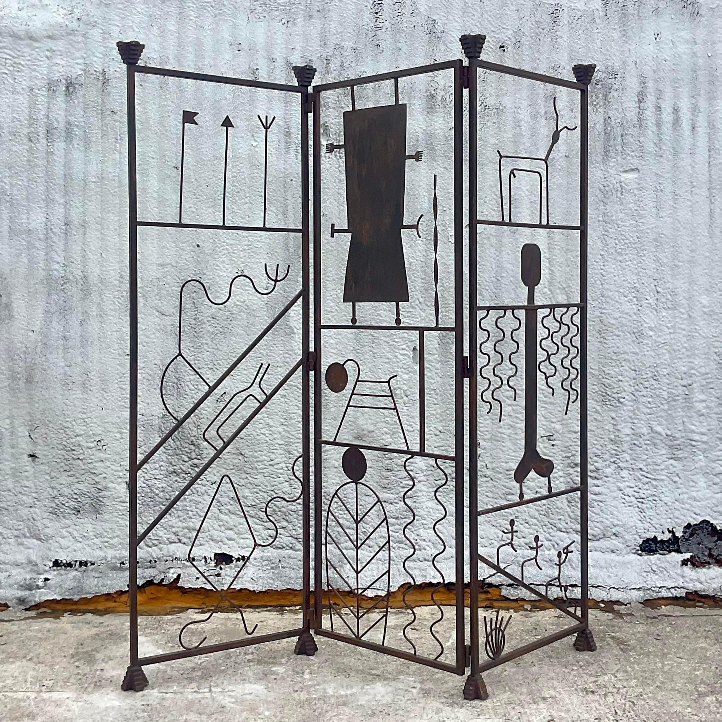 Vintage Postmodern Hieroglyphic Wrought Iron Screen In Good Condition For Sale In west palm beach, FL