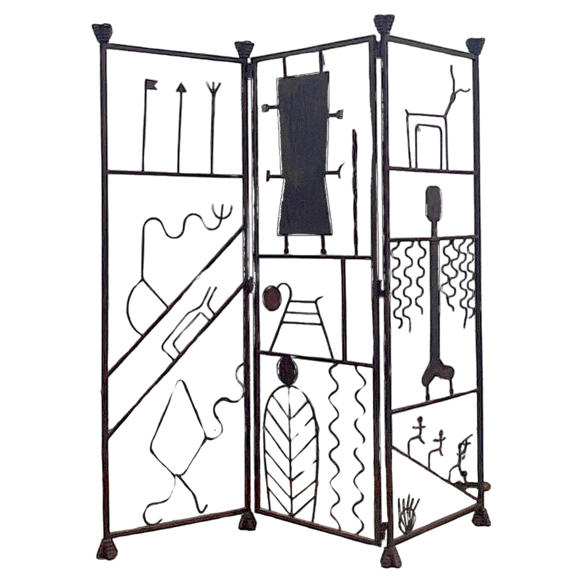 Vintage Postmodern Hieroglyphic Wrought Iron Screen For Sale