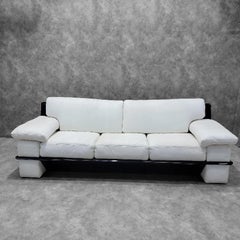 Vintage Postmodern Italian Black Lacquer Wide Arm Sofa With White Leather
