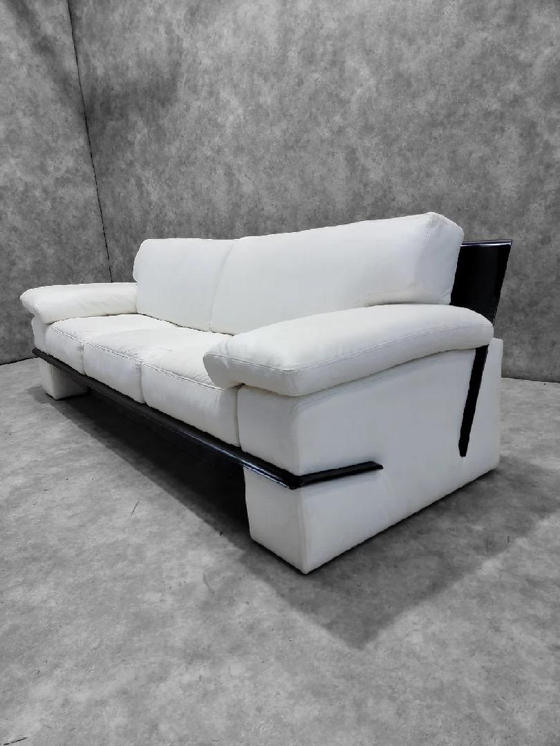 Unknown Vintage Postmodern Italian Black Lacquer Wide Arm Sofa With White Leather For Sale