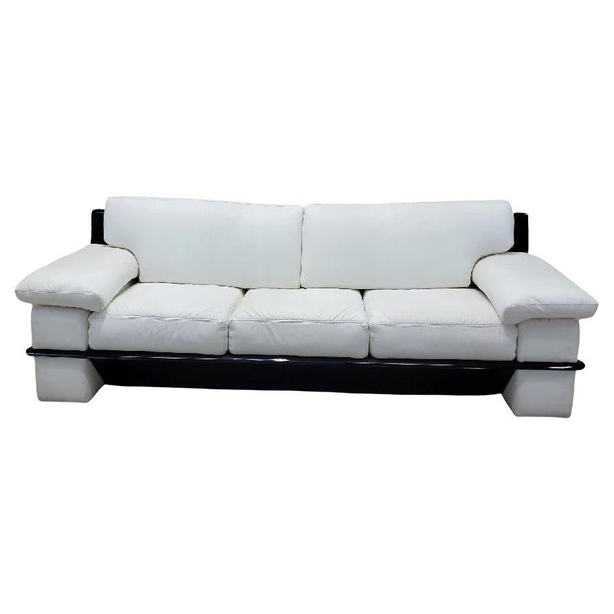 Vintage Postmodern Italian Black Lacquer Wide Arm Sofa With White Leather