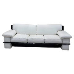 Vintage Postmodern Italian Black Lacquer Wide Arm Sofa With White Leather