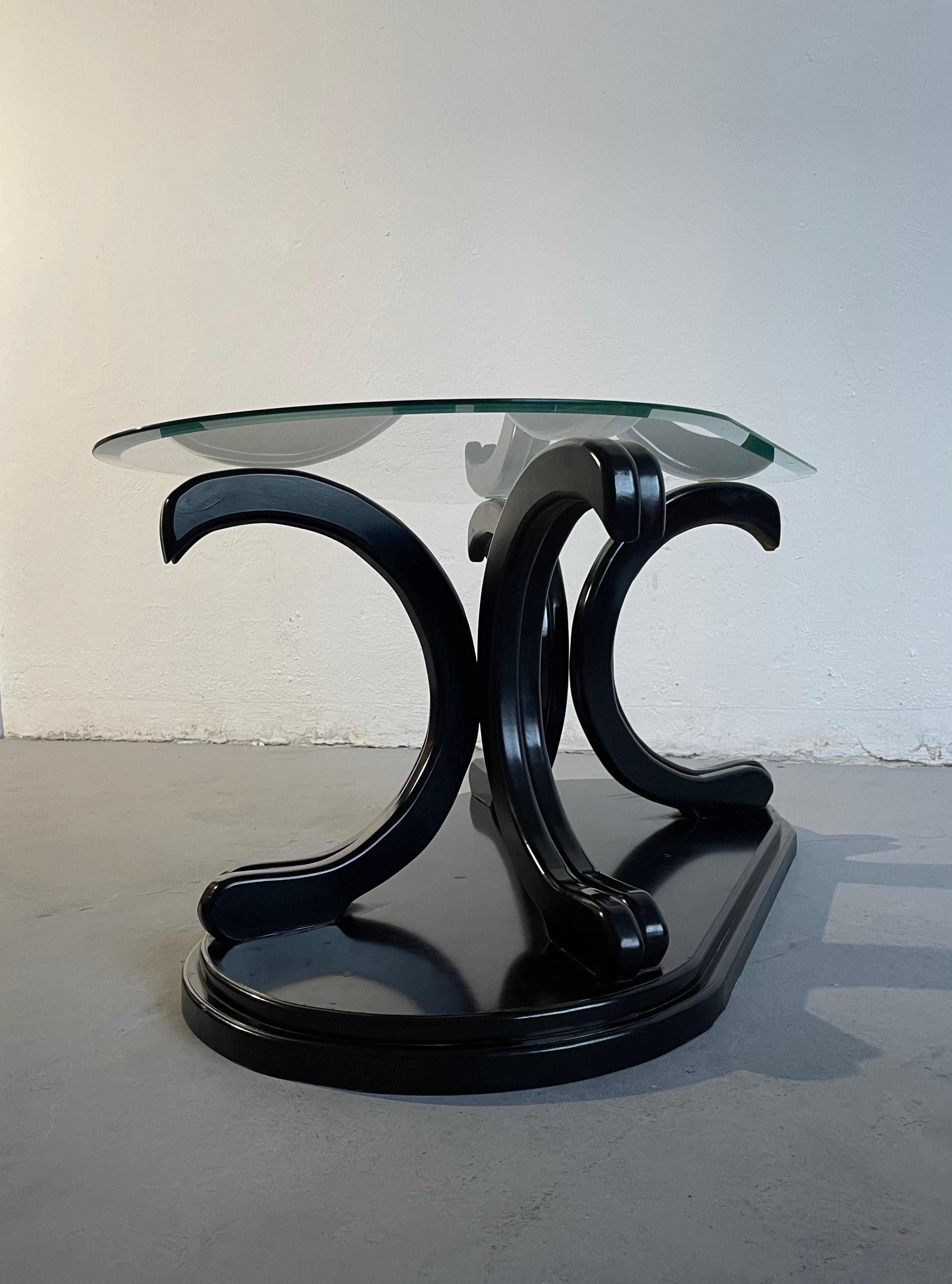 Vintage Postmodern Italian Coffee Table, Black Lacquered Wood and Glass, 1980s For Sale 1