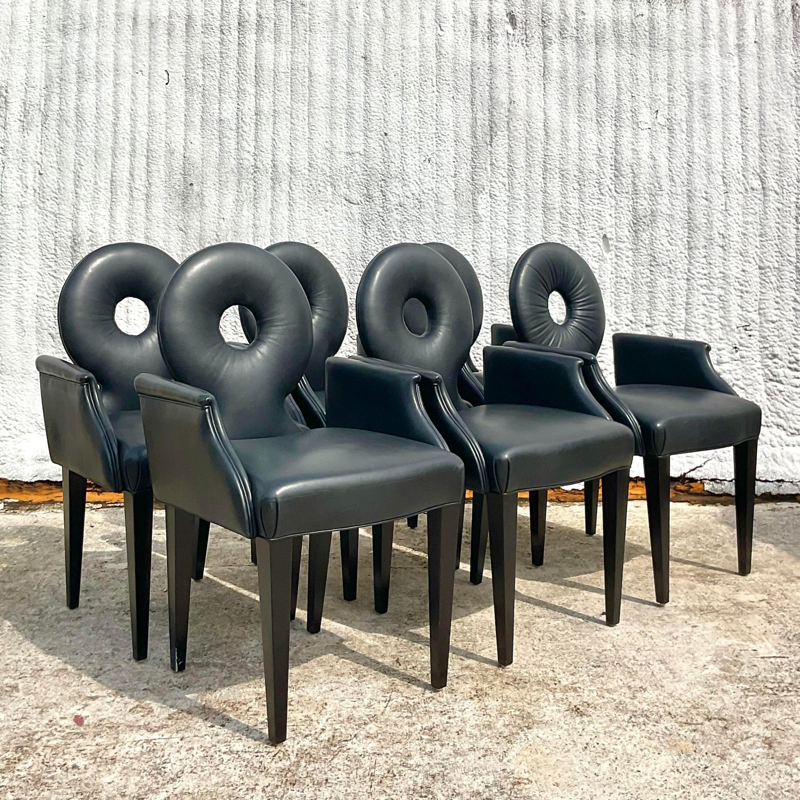 Vintage Postmodern Italian Leather Dining Chairs - Set of 6 In Good Condition In west palm beach, FL