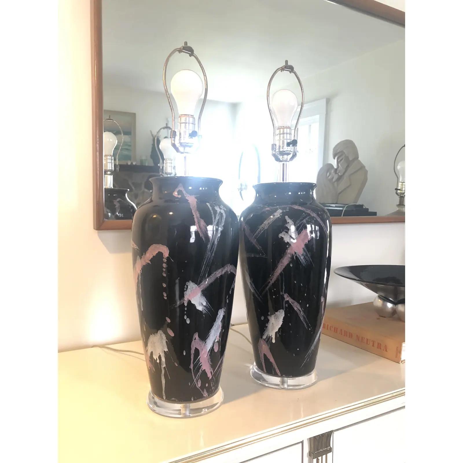 20th Century Vintage Postmodern Jackson Pollock Style Splatter Glaze Lamps - a Pair For Sale