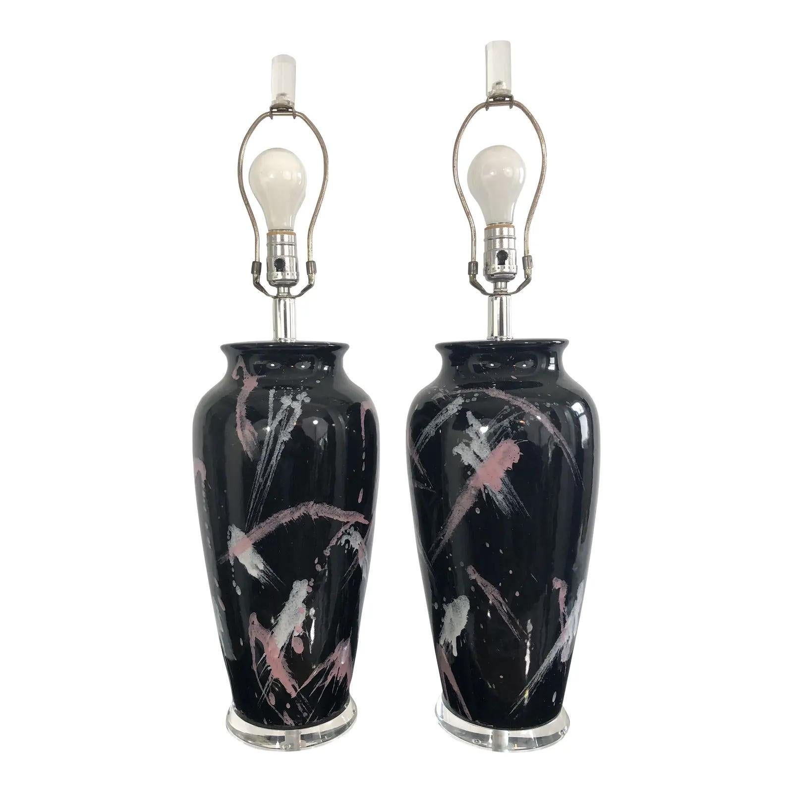 Glass Vintage Postmodern Jackson Pollock Style Splatter Glaze Lamps - a Pair For Sale