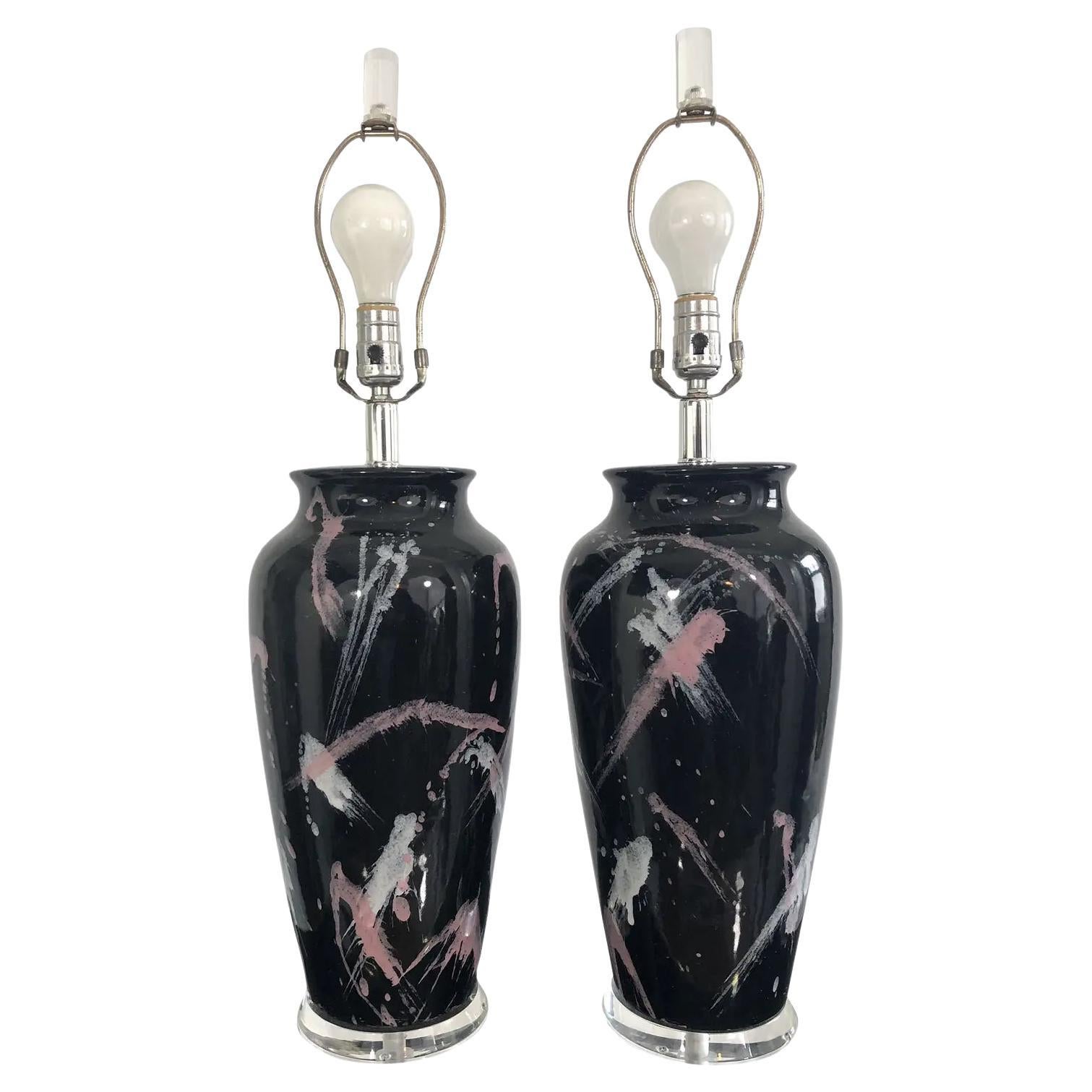 Vintage Postmodern Jackson Pollock Style Splatter Glaze Lamps - a Pair For Sale