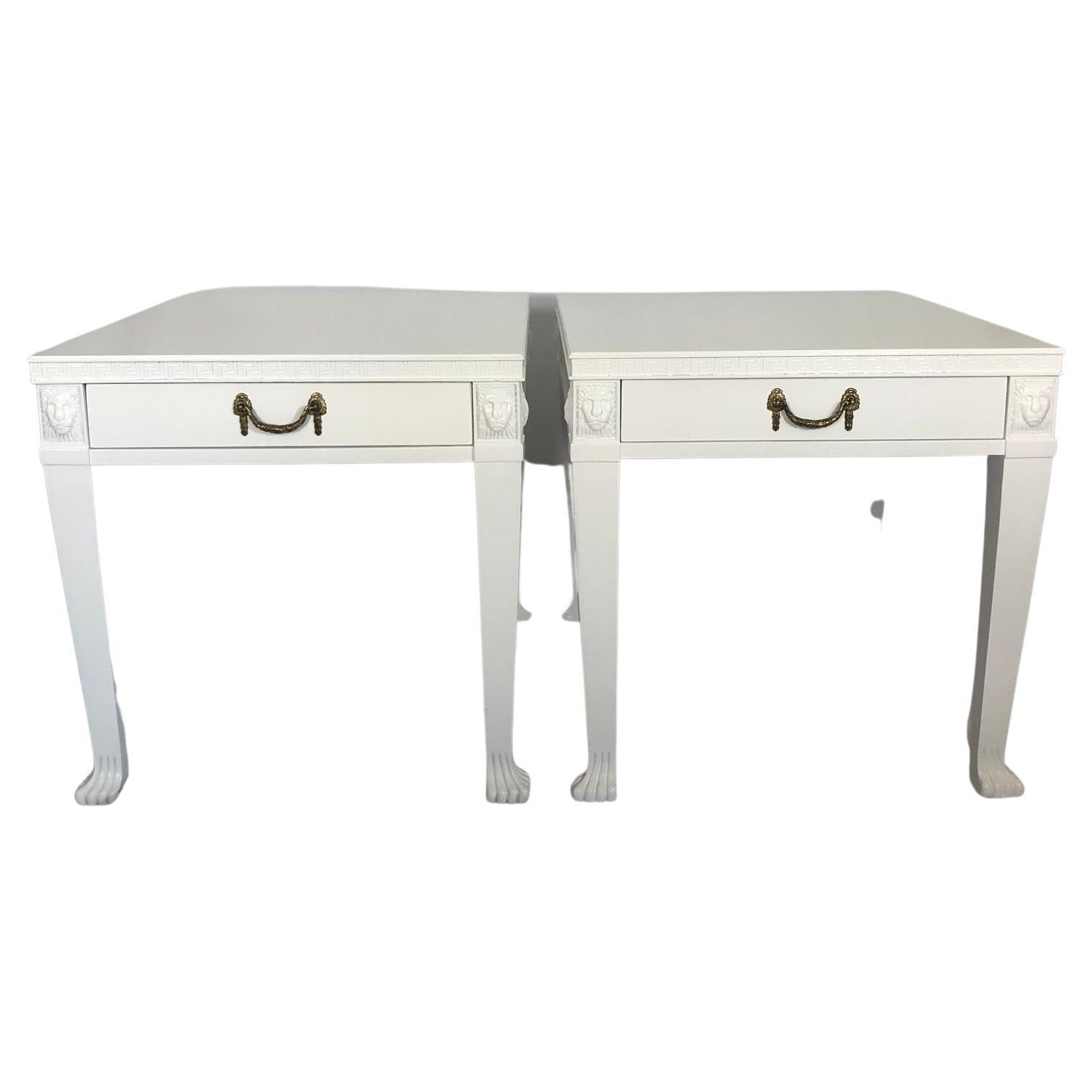 Beautiful and fun! Newly lacquered wooden side table adorned with Lion faces on each corner, Greek Key boarder, paw footed and beautiful brass hardware. Deep drawer for ample storage.