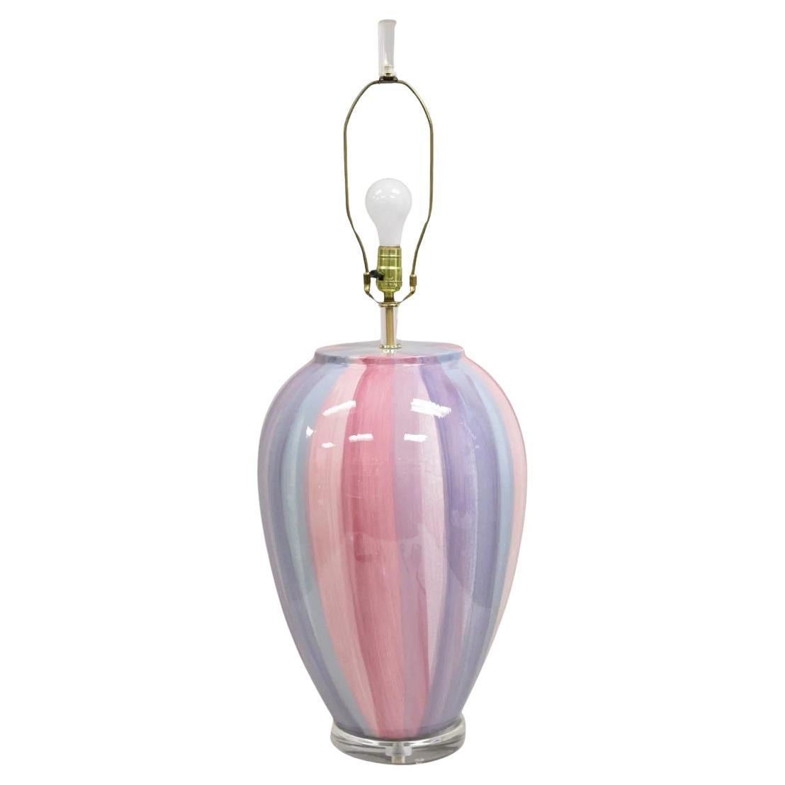 Vintage Postmodern Large Ceramic "Hot Air Balloon" Pink Striped Table Lamp For Sale