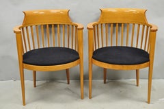Vintage Postmodern Maple Wood Spindle Barrel Back Lounge Arm Chairs - a Pair
