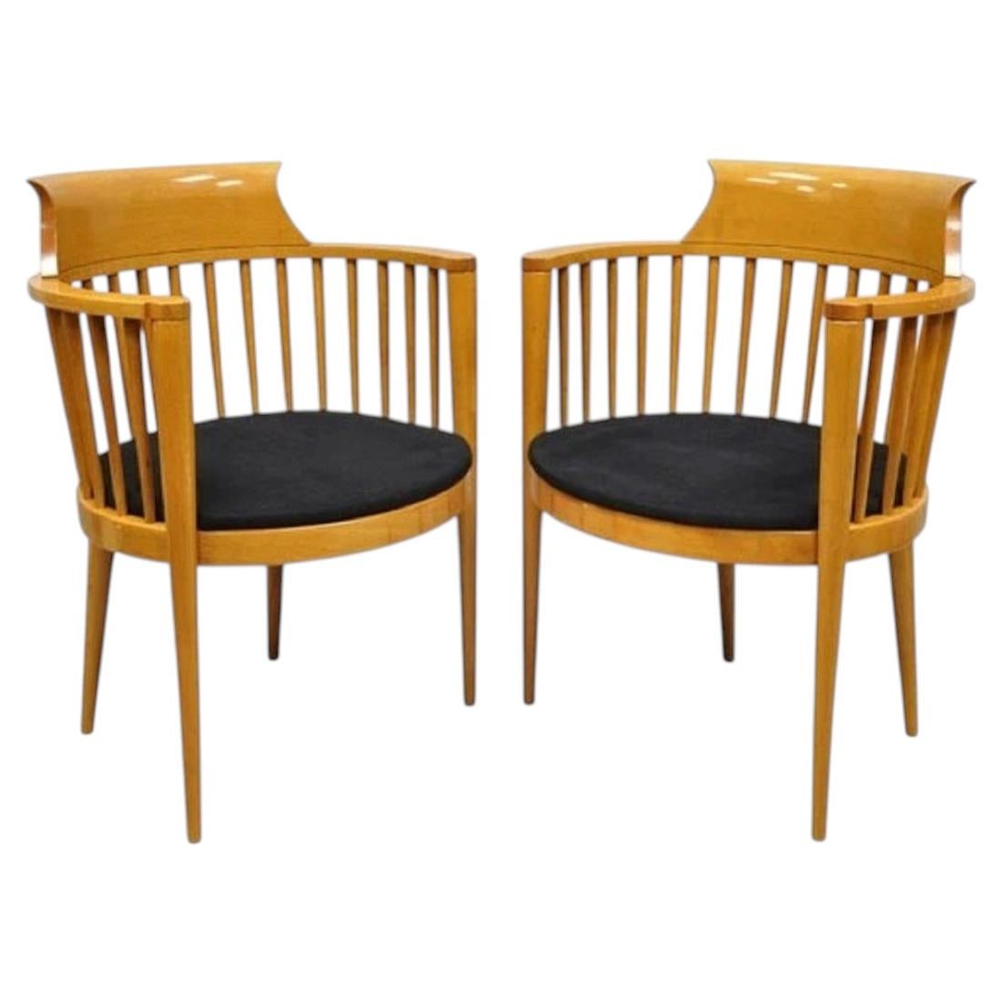Vintage Postmodern Maple Wood Spindle Barrel Back Lounge Arm Chairs - a Pair For Sale