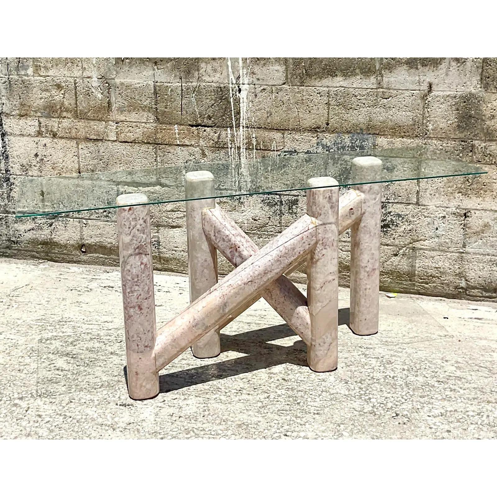 Incredible vintage PostModern console table. Beautiful graphic design in the palest pink marble. Glass top. Acquired from a Palm Beach estate.