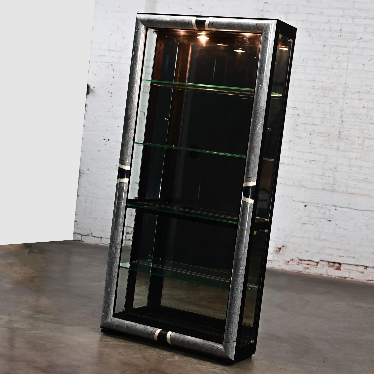 Vintage Postmodern Marble & Glass Lighted Display Cabinet by Pulaski Furniture For Sale 13