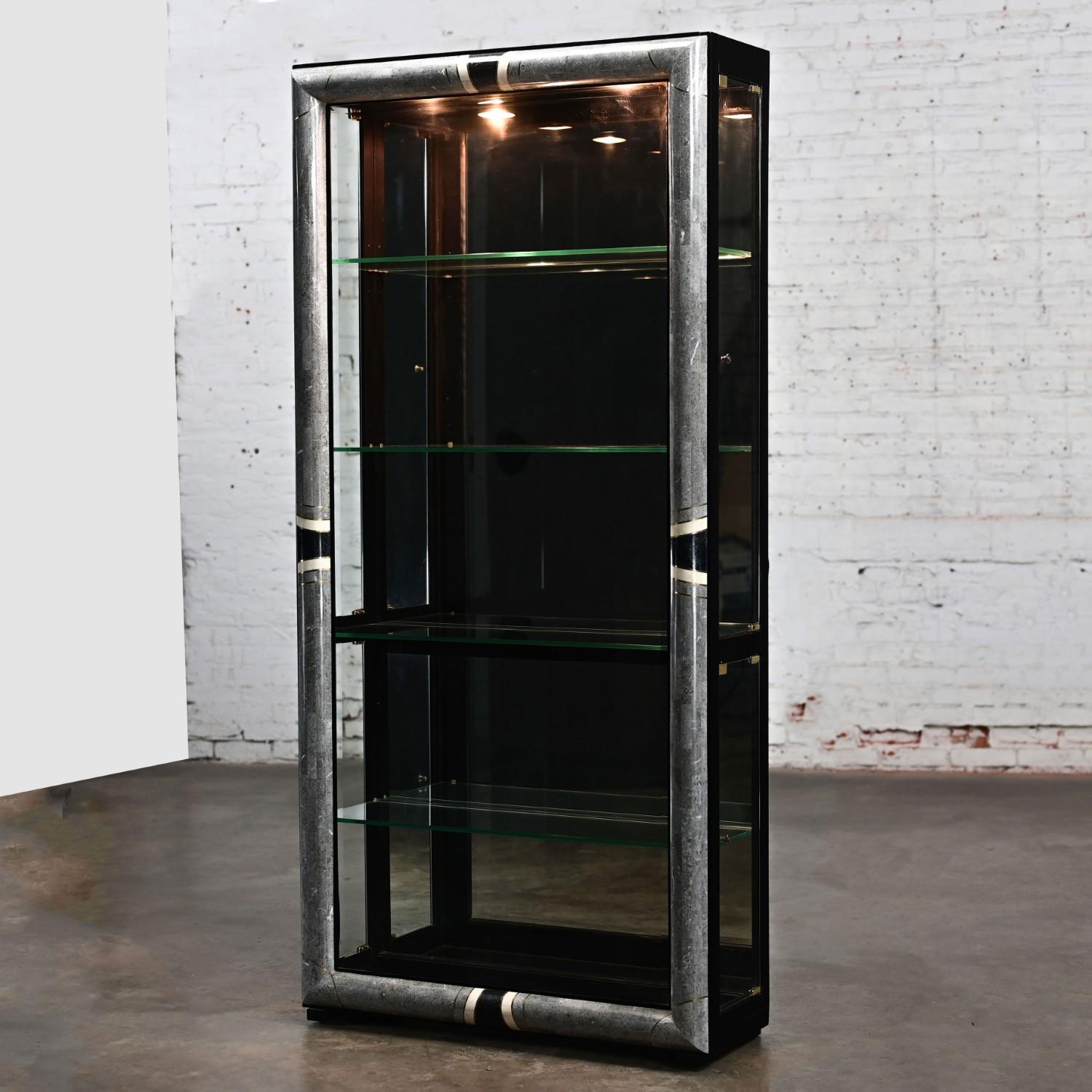 Post-Modern Vintage Postmodern Marble & Glass Lighted Display Cabinet by Pulaski Furniture For Sale