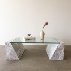 Vintage Postmodern Marble Stone and Glass Coffee Table 1980s
